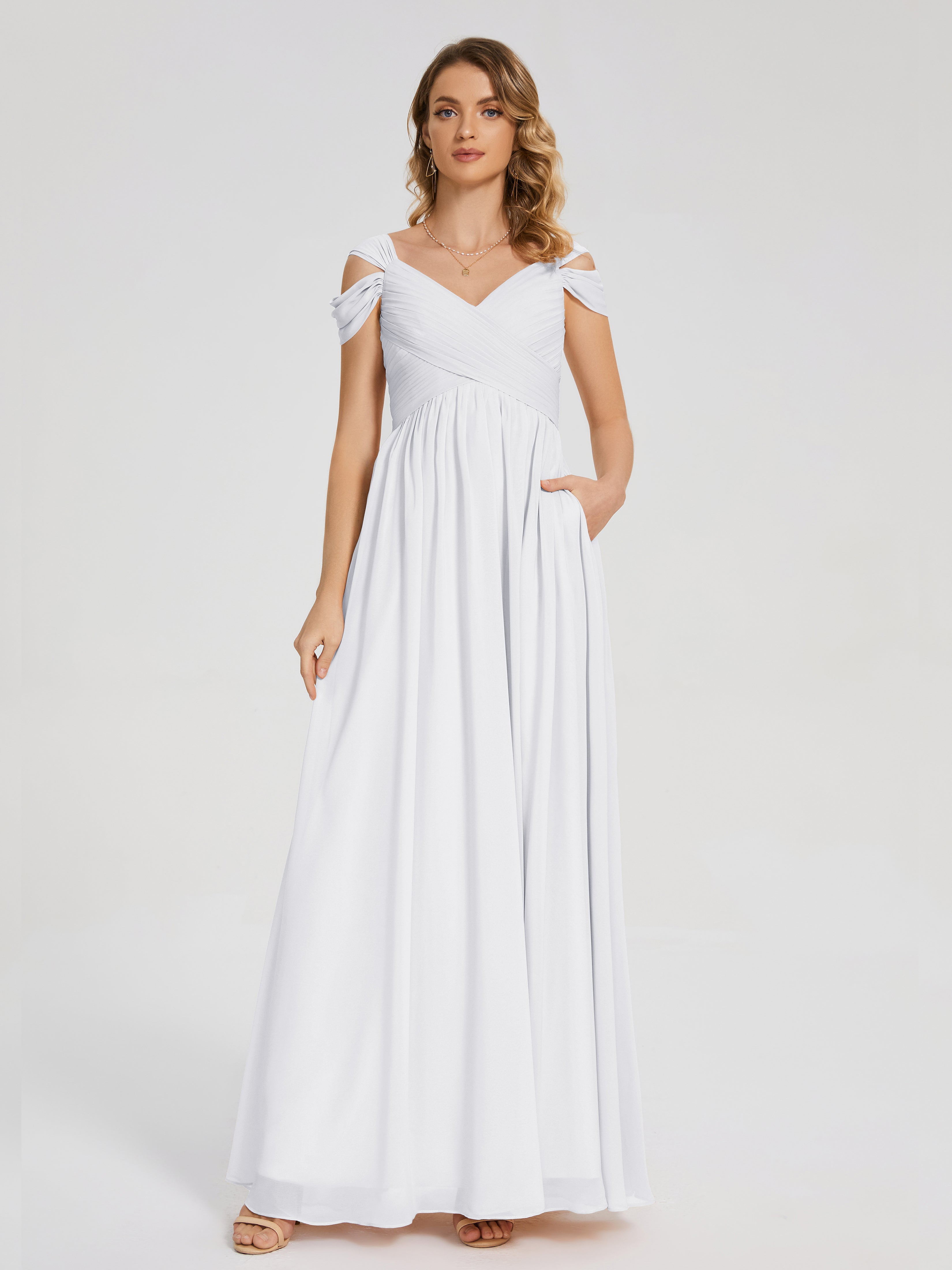 Toutes Les Robes De Demoiselle D'Honneur Blanches Fendue Col V Dos En V Mousseline Robes Demoiselle D'Honneur