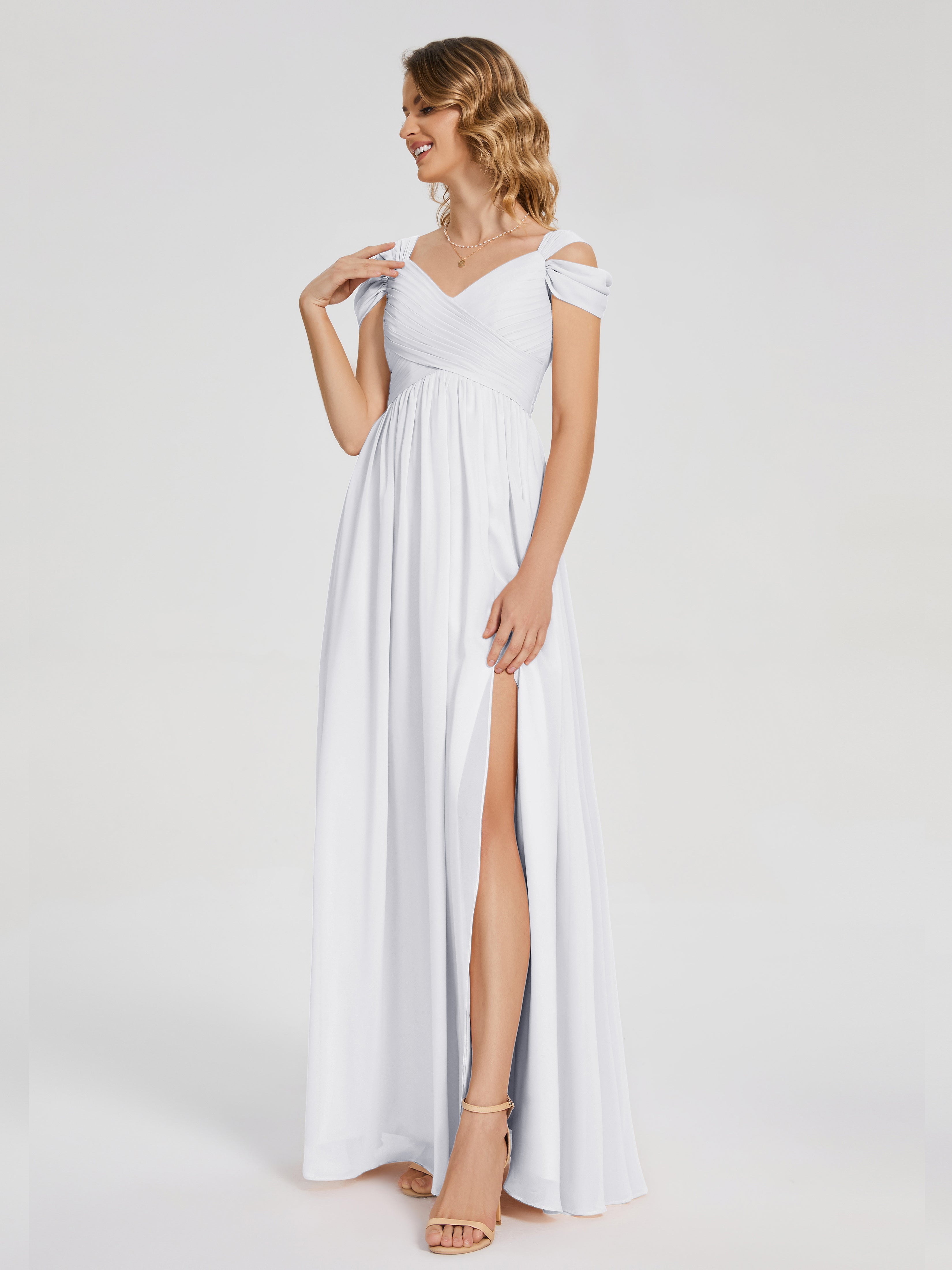 Toutes Les Robes De Demoiselle D'Honneur Blanches Fendue Col V Dos En V Mousseline Robes Demoiselle D'Honneur