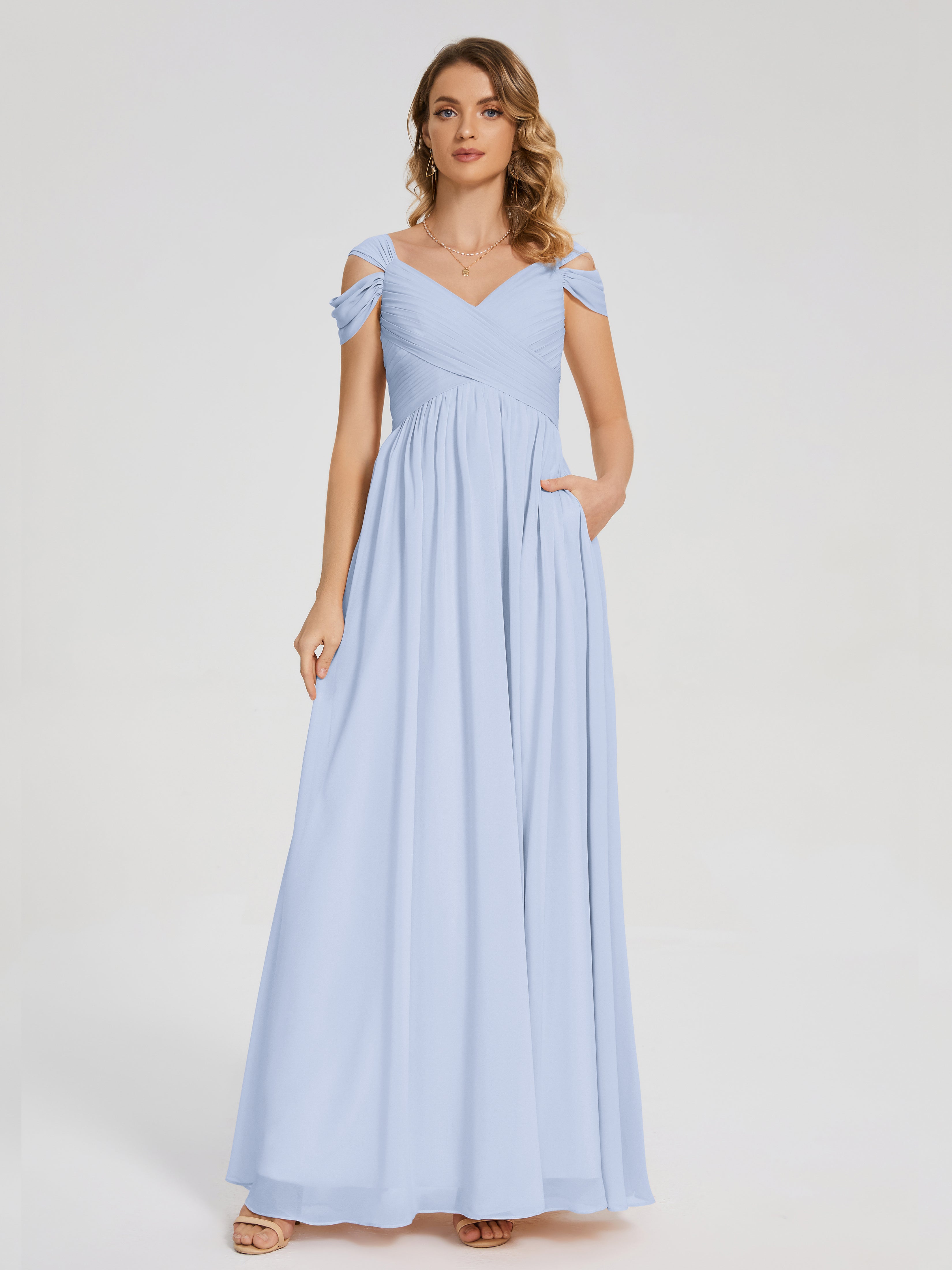 Robe Bleu Ciel Demoiselle D Honneur Fendue Col V Dos En V Mousseline Robes Demoiselle D'Honneur