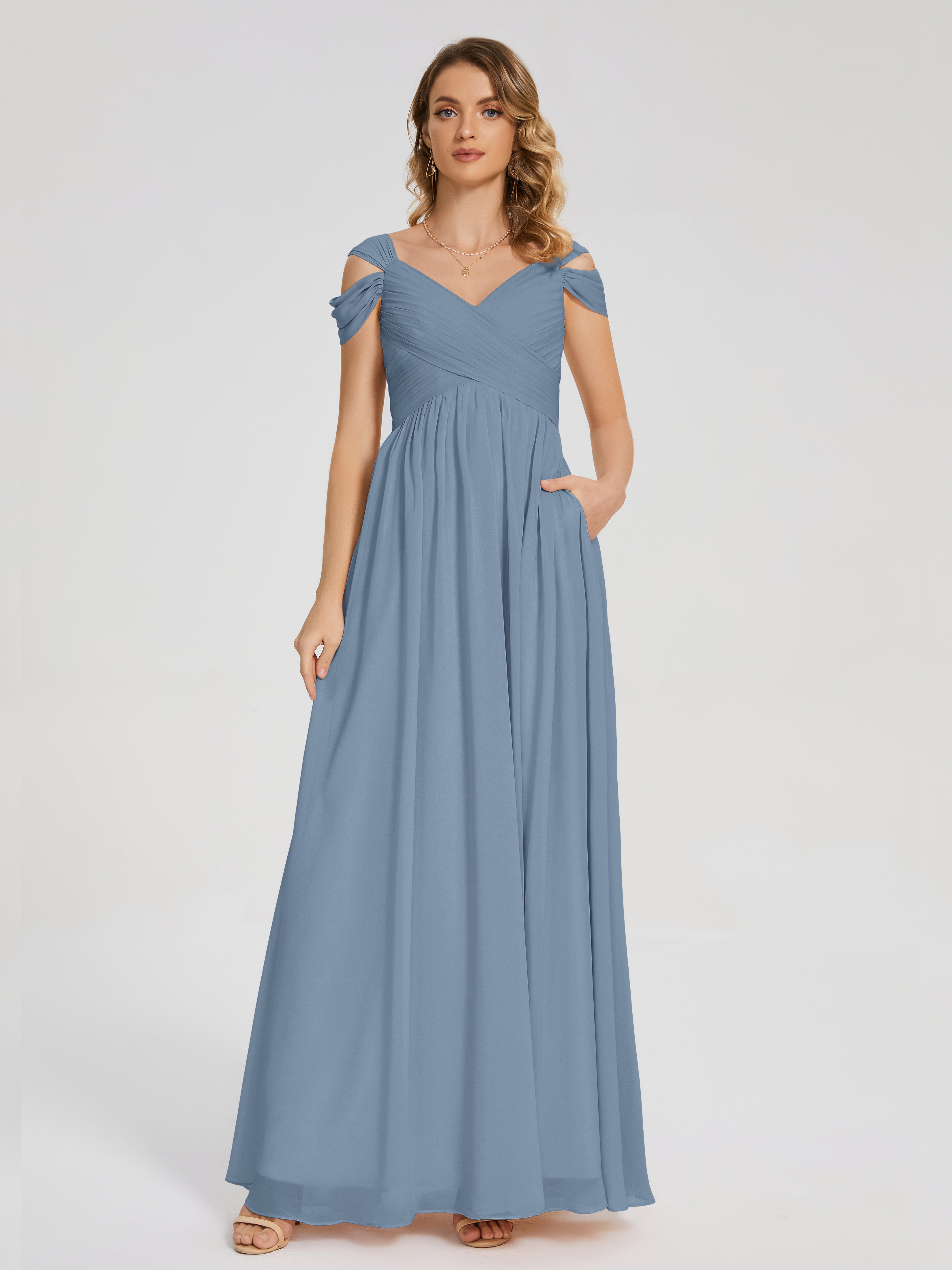 Robes De Demoiselle D'Honneur Bleu De Schiste Fendue Col V Dos En V Mousseline Robes Demoiselle D'Honneur