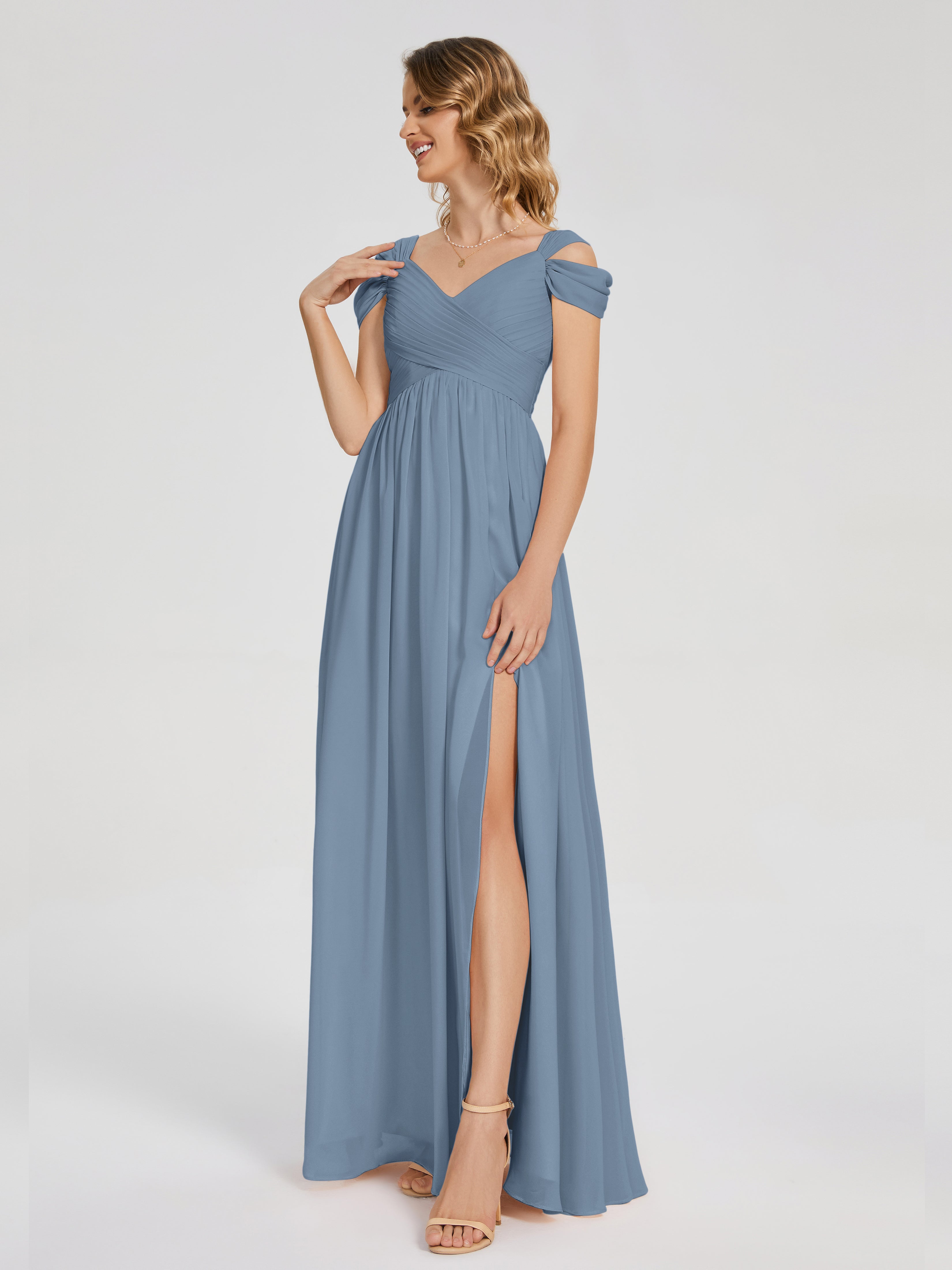 Robes De Demoiselle D'Honneur Bleu De Schiste Fendue Col V Dos En V Mousseline Robes Demoiselle D'Honneur