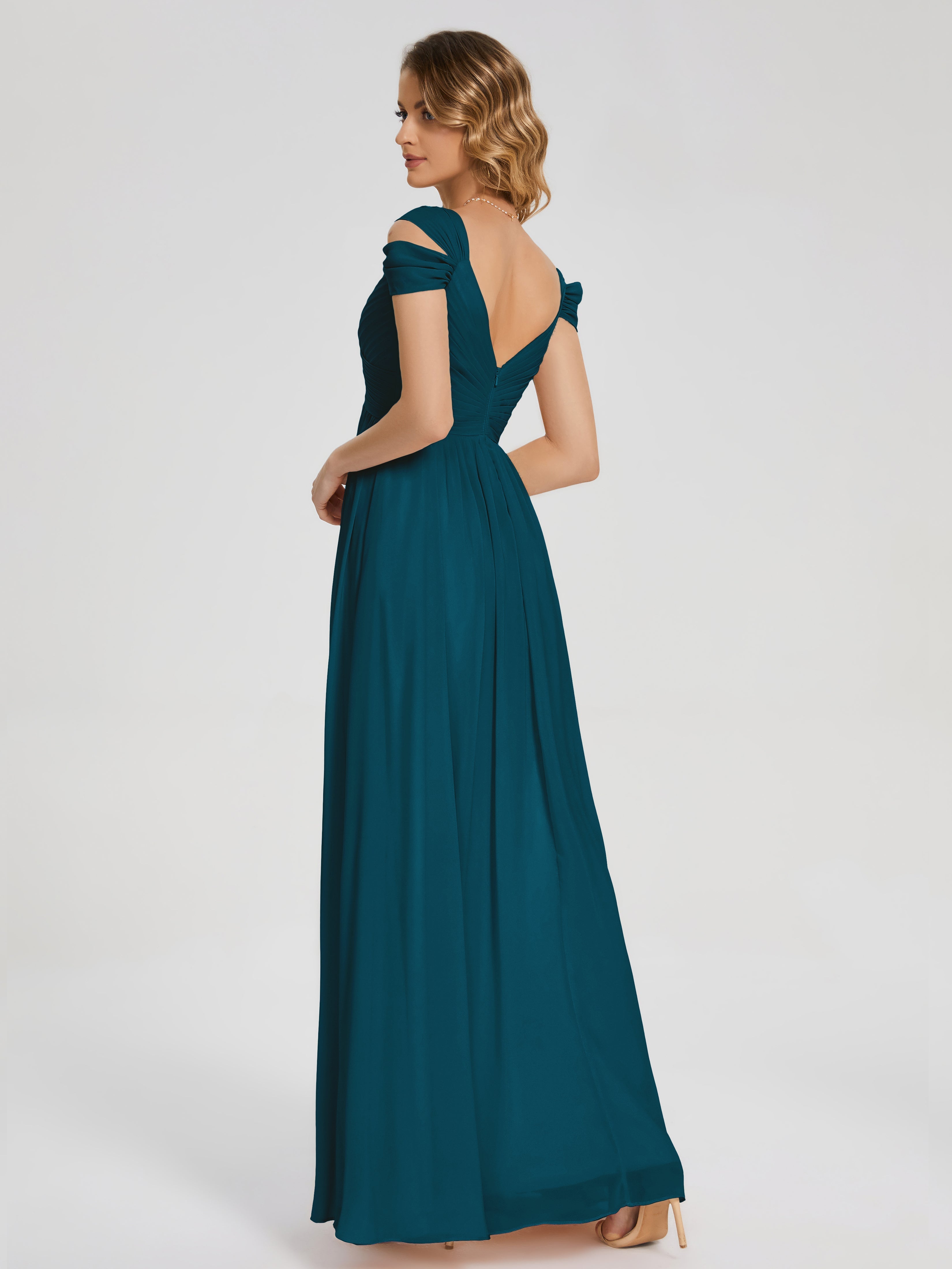 Robe De Demoiselle D'Honneur Bleu Encre Fendue Col V Dos En V Mousseline Robes Demoiselle D'Honneur