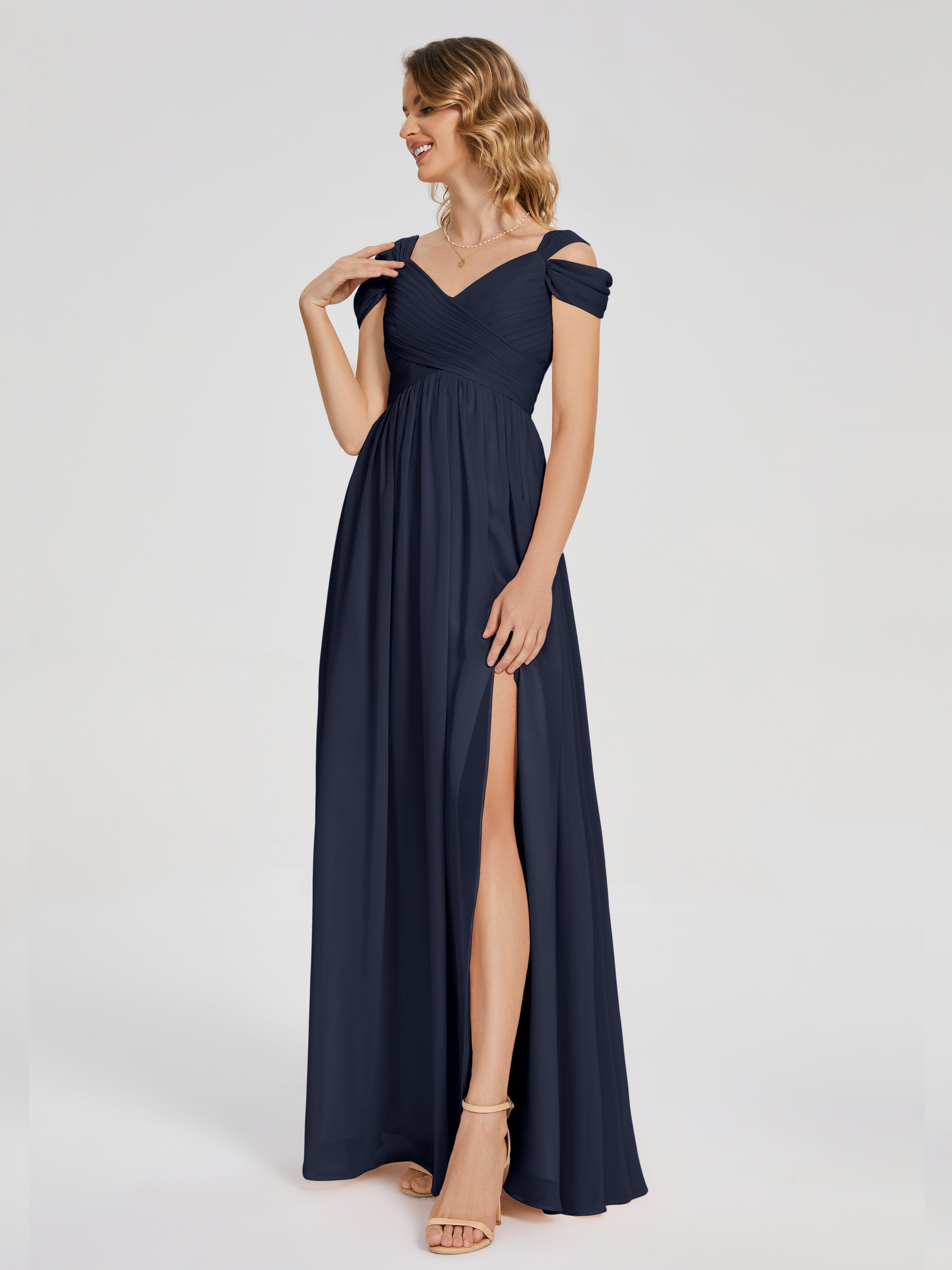 Demoiselle D'Honneur Bleu Marine Fendue Col V Dos En V Mousseline Robes Demoiselle D'Honneur