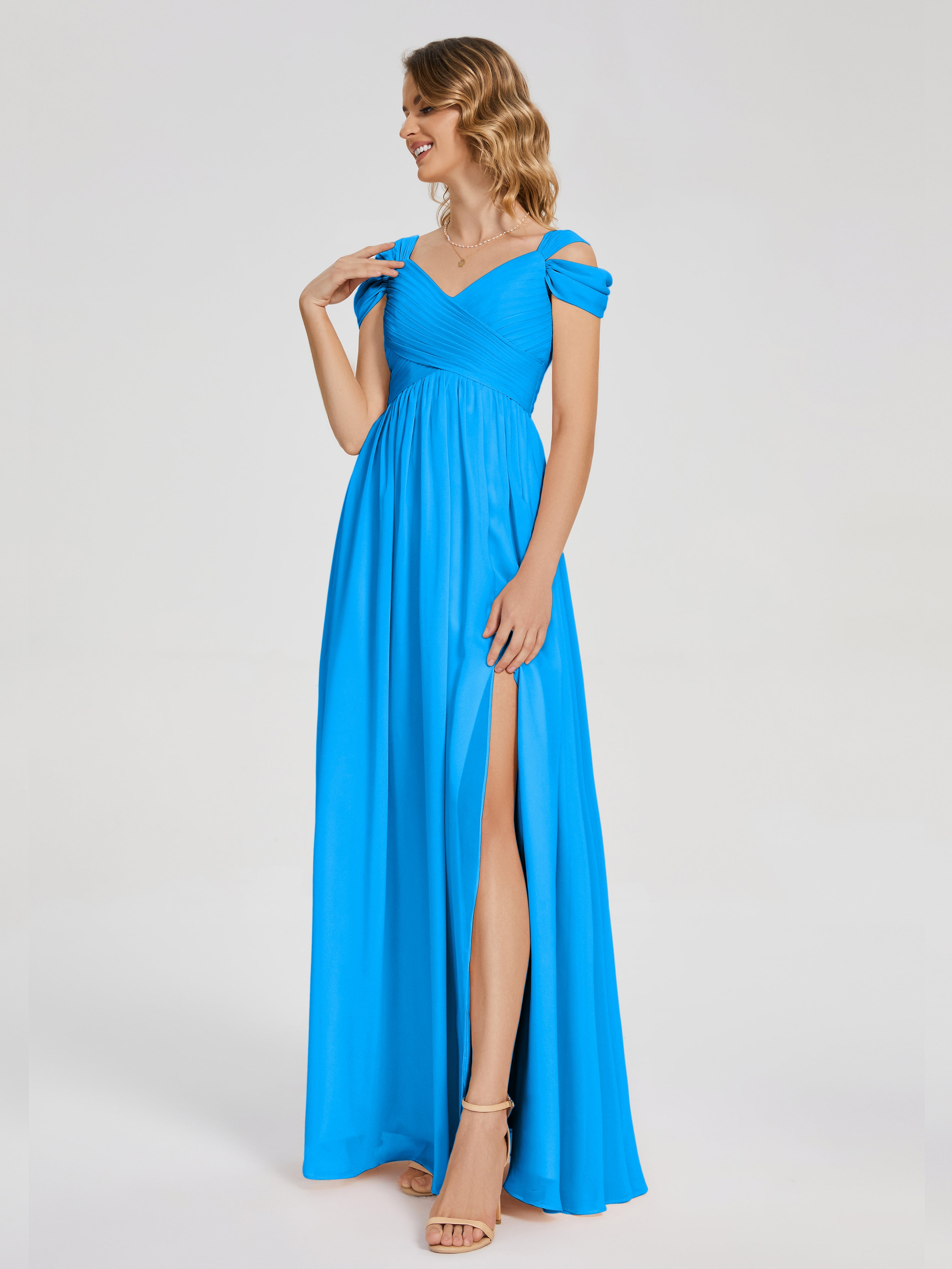 Robes De Demoiselle D'Honneur Bleu Océan Fendue Col V Dos En V Mousseline Robes Demoiselle D'Honneur