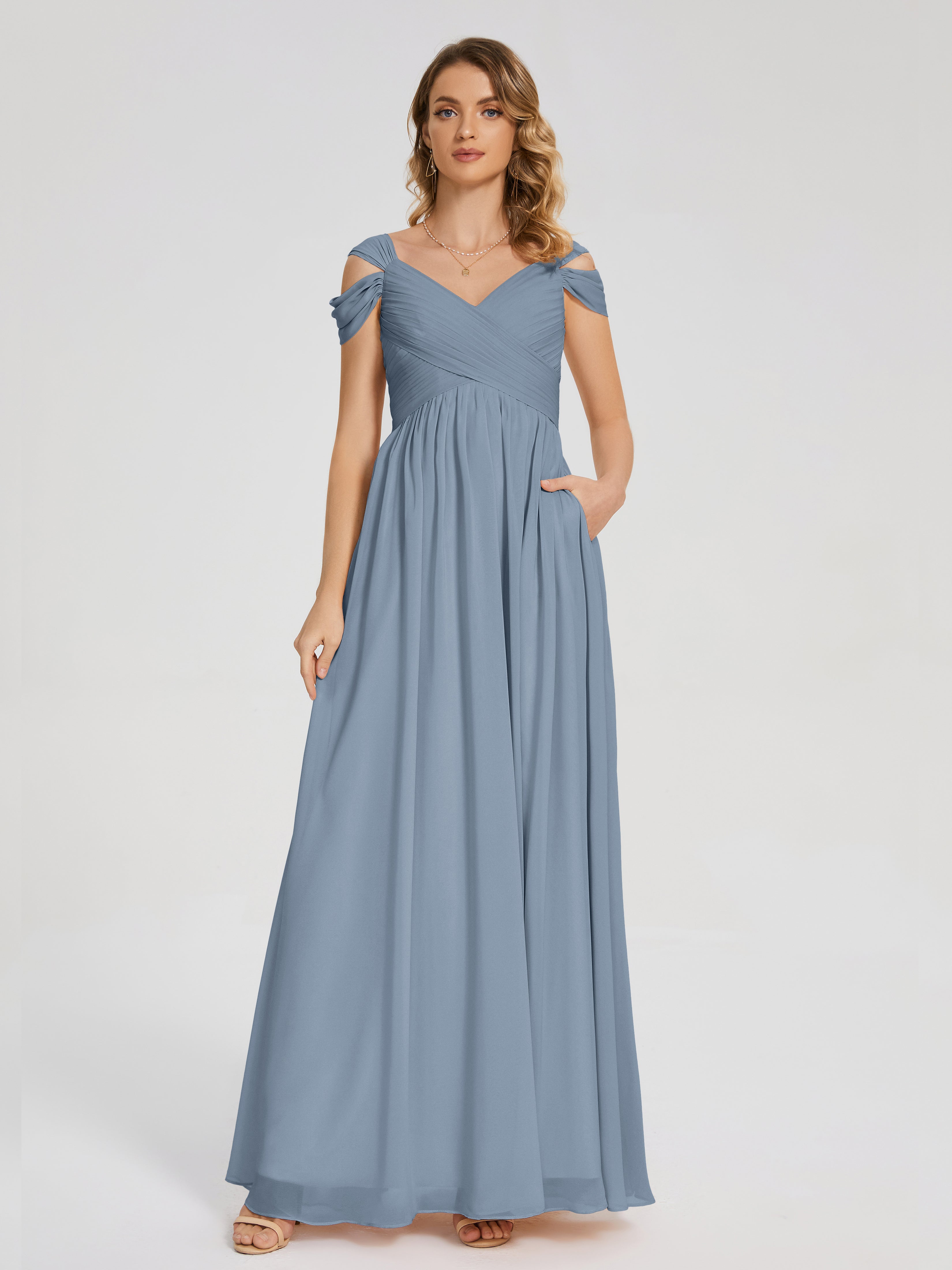 Robes De Demoiselle D'Honneur Bleu Poussiéreux Fendue Col V Dos En V Mousseline Robes Demoiselle D'Honneur