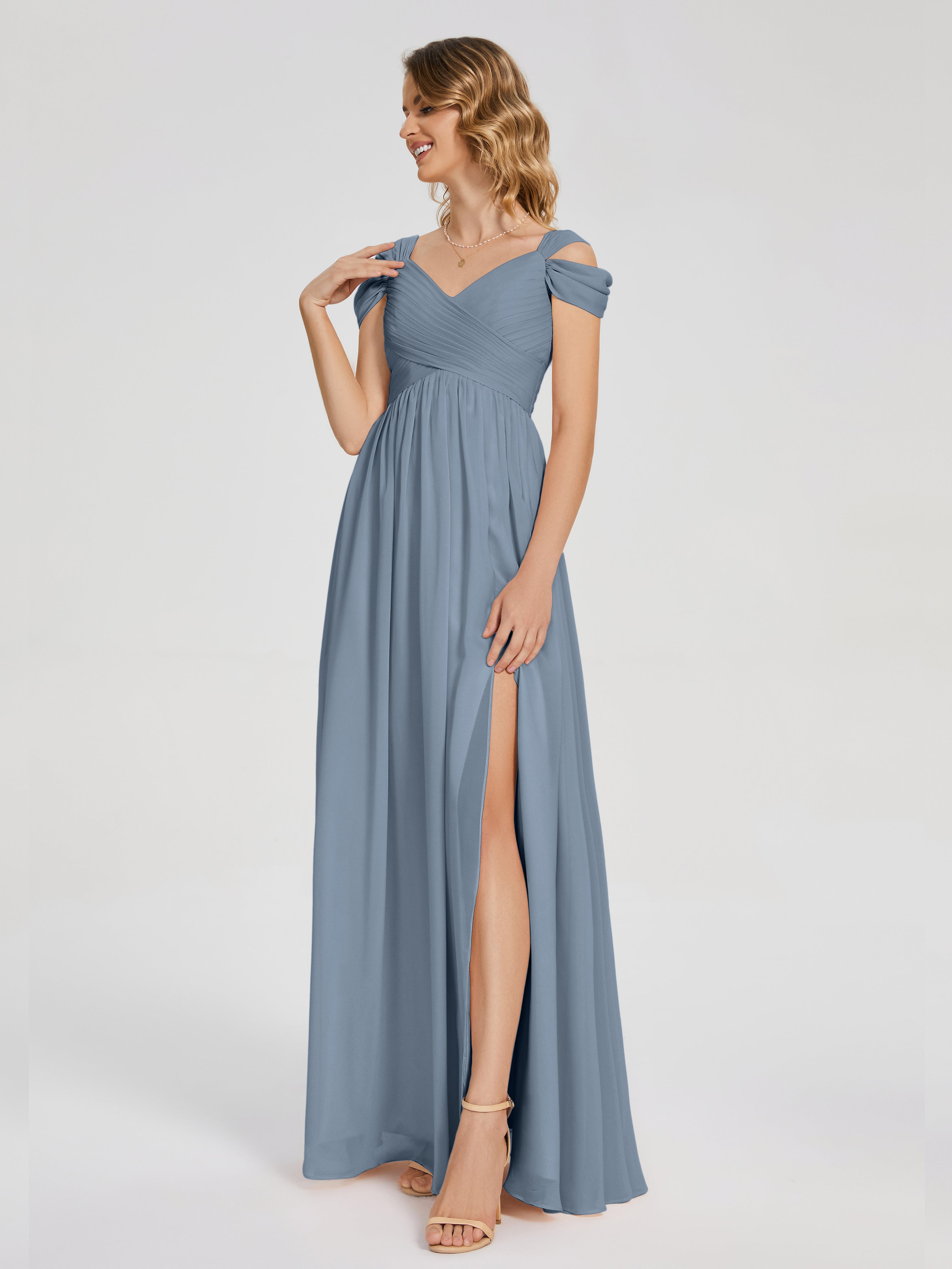 Robes De Demoiselle D'Honneur Bleu Poussiéreux Fendue Col V Dos En V Mousseline Robes Demoiselle D'Honneur