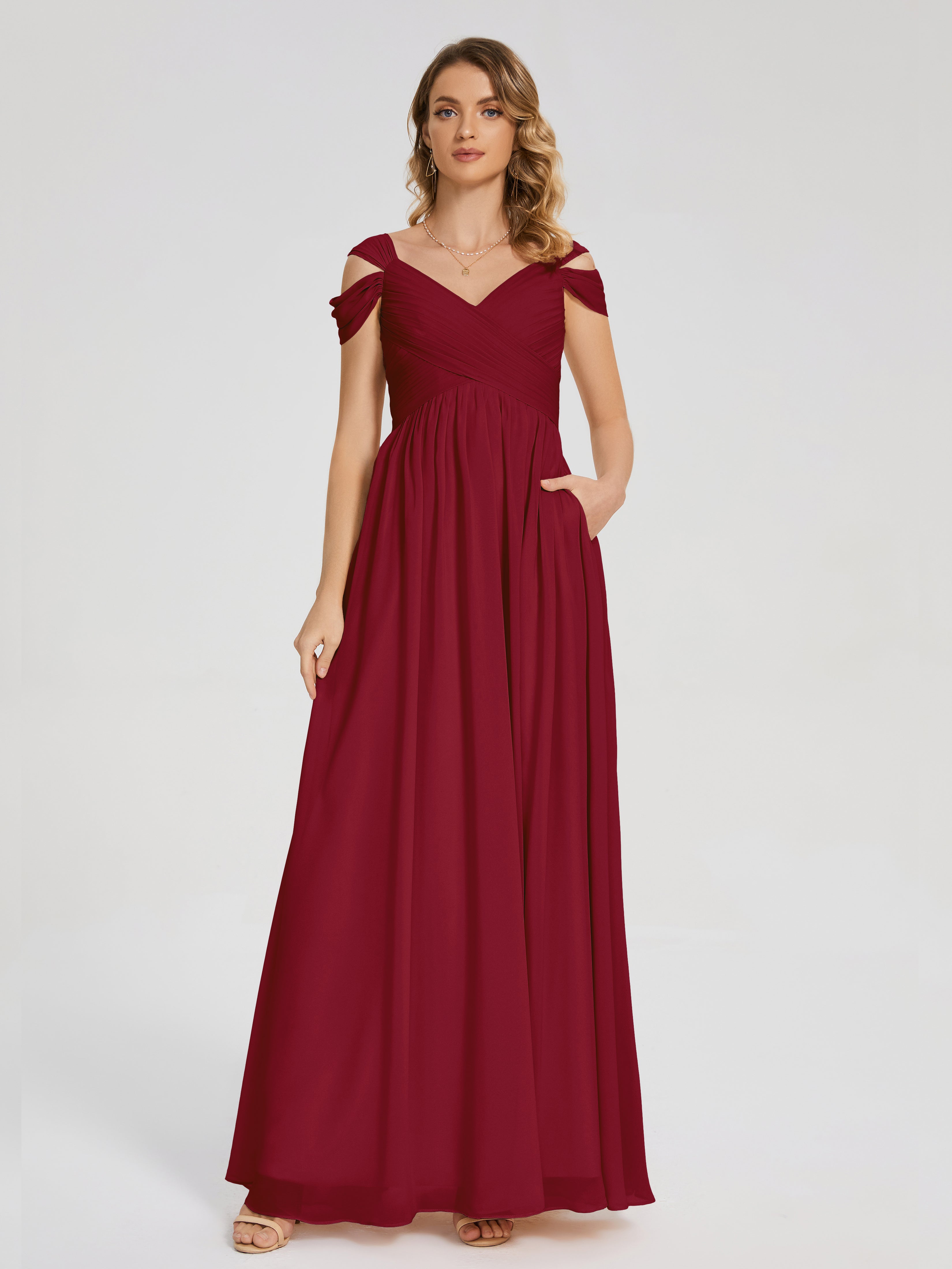 Robes De Demoiselle D'Honneur Rouge Bordeaux Fendue Col V Dos En V Mousseline Robes Demoiselle D'Honneur