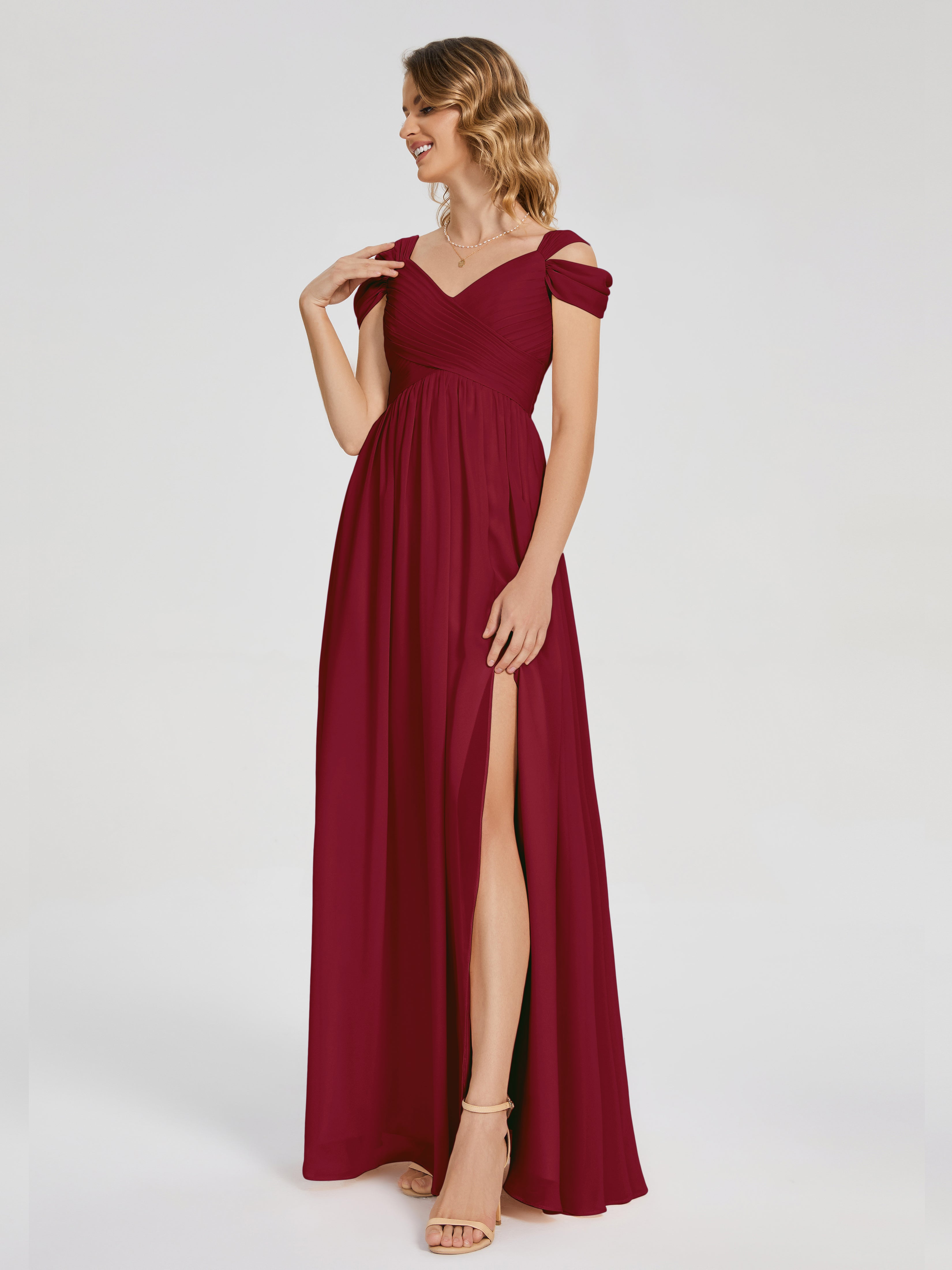 Robes De Demoiselle D'Honneur Rouge Bordeaux Fendue Col V Dos En V Mousseline Robes Demoiselle D'Honneur