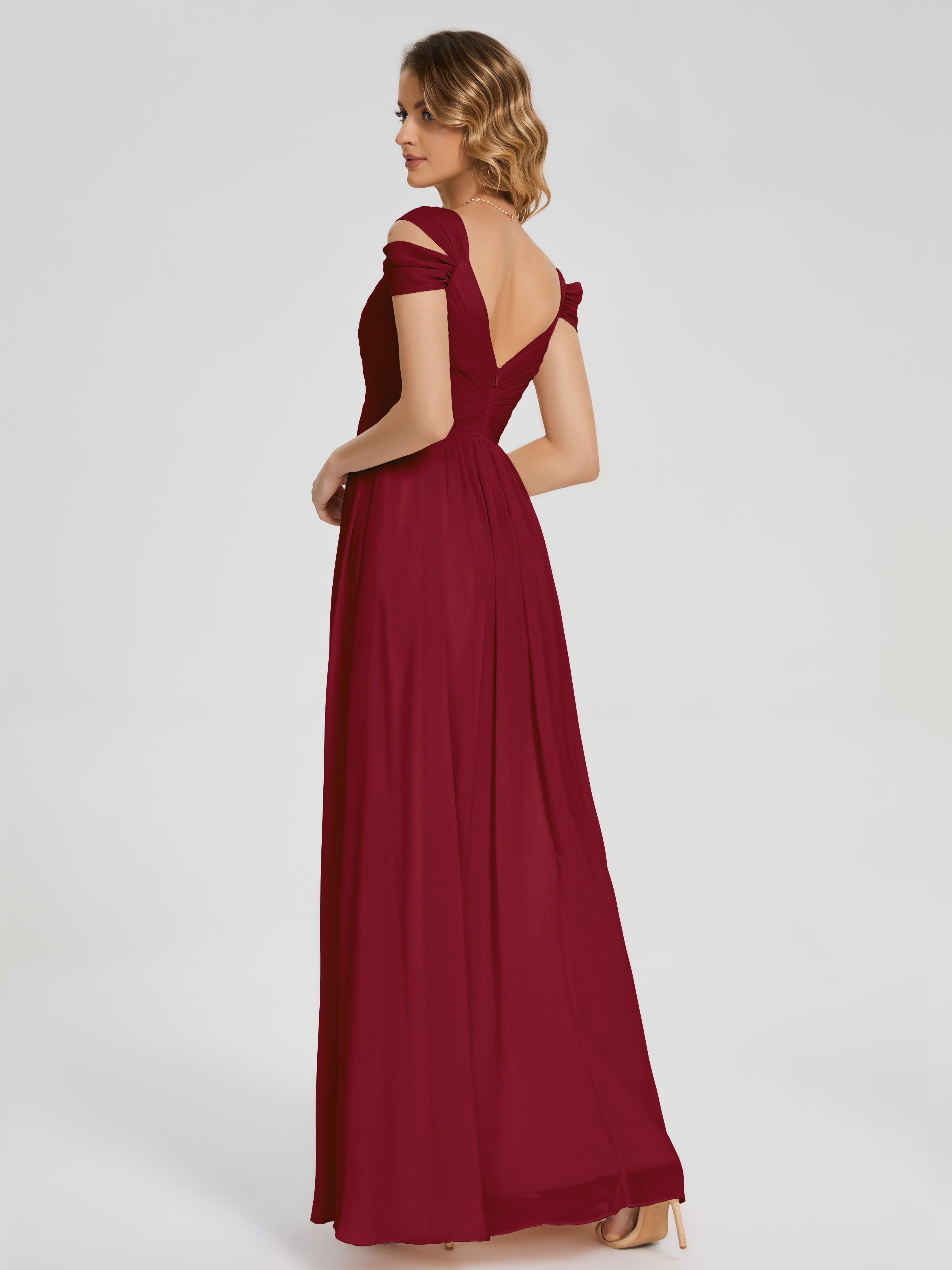 Robes De Demoiselle D'Honneur Rouge Bordeaux Fendue Col V Dos En V Mousseline Robes Demoiselle D'Honneur