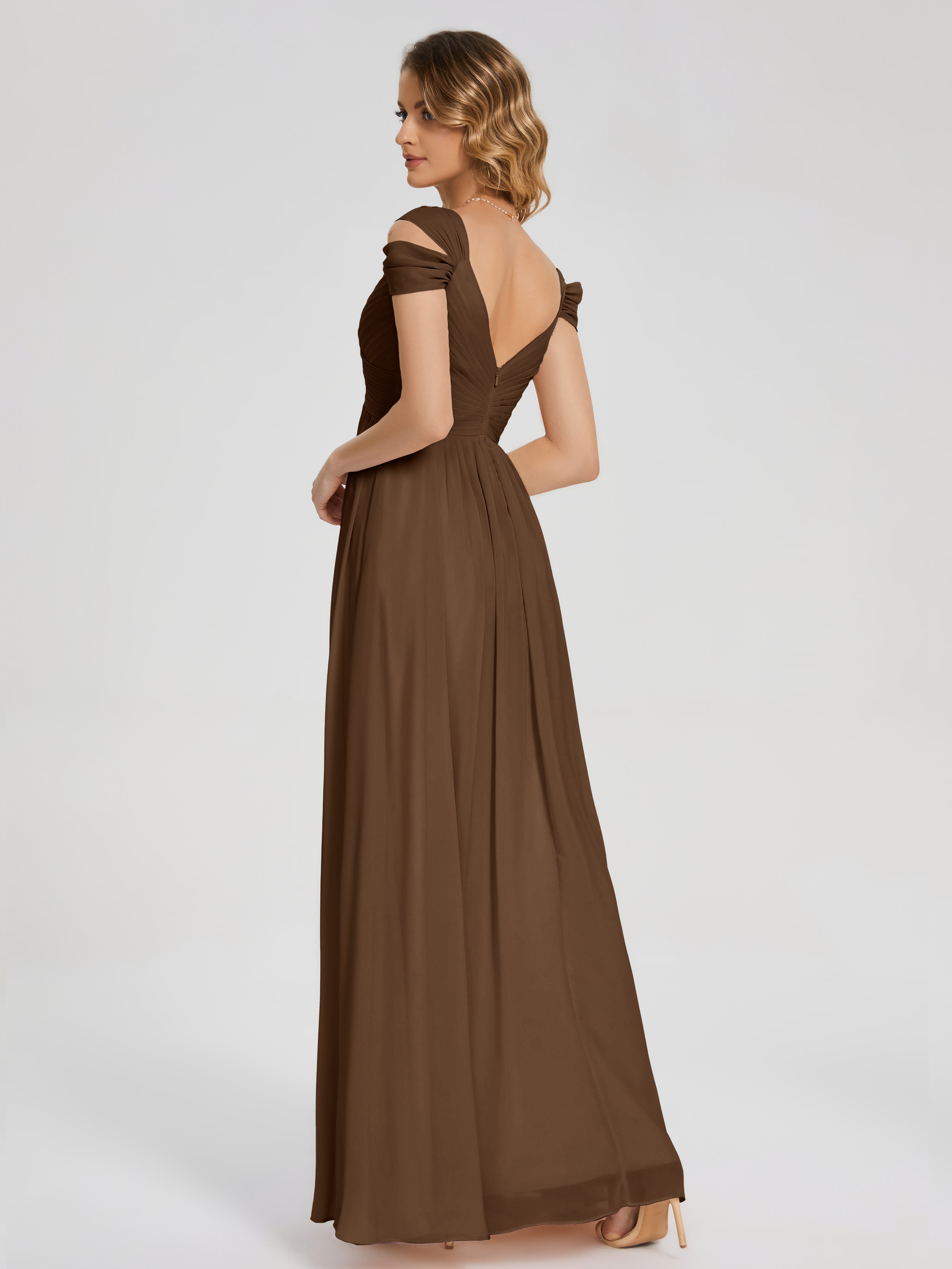 Robes De Demoiselle D'Honneur Brun Fendue Col V Dos En V Mousseline Robes Demoiselle D'Honneur