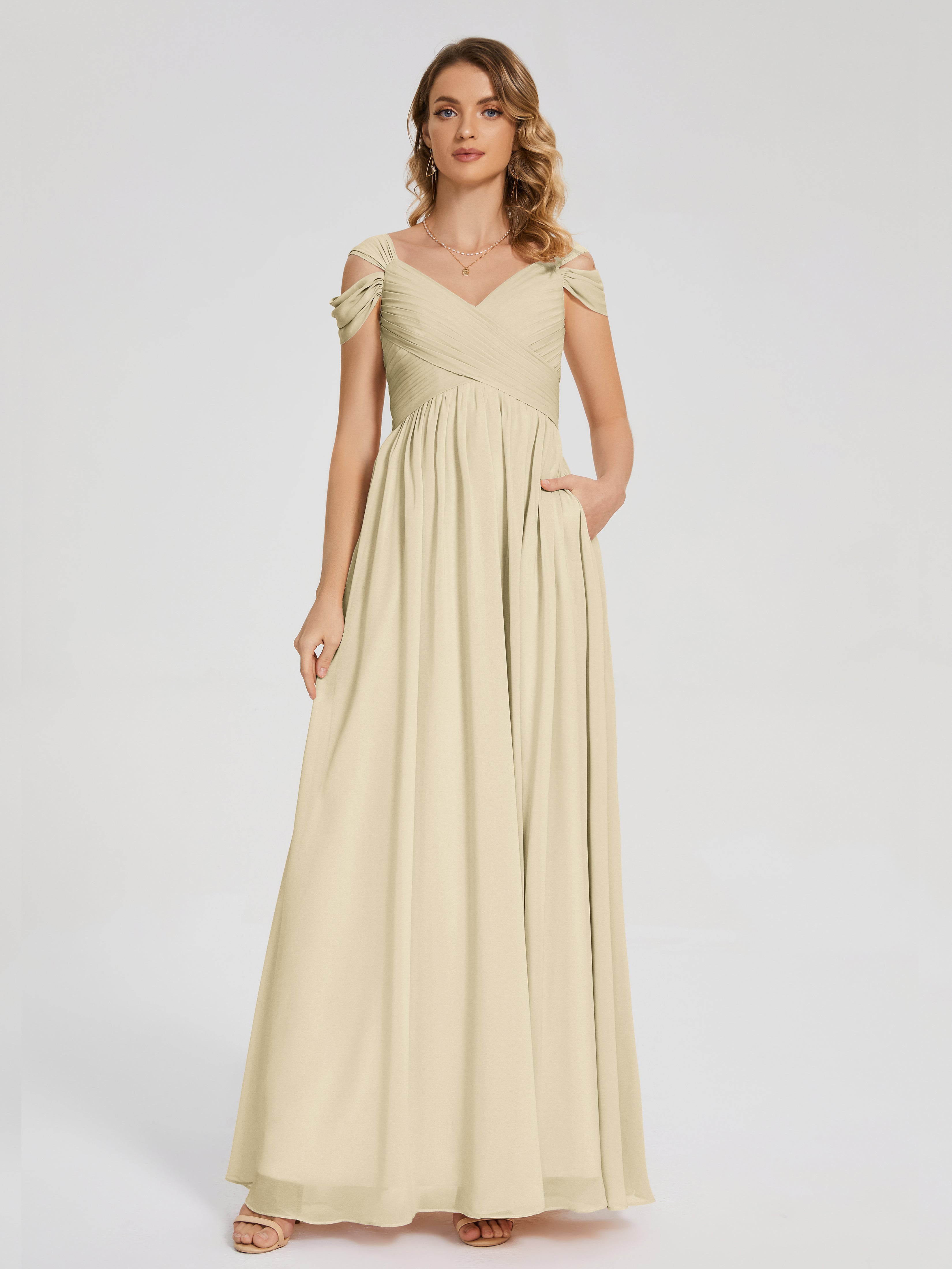 Robe De Demoiselle D'Honneur Champagne Fendue Col V Dos En V Mousseline Robes Demoiselle D'Honneur