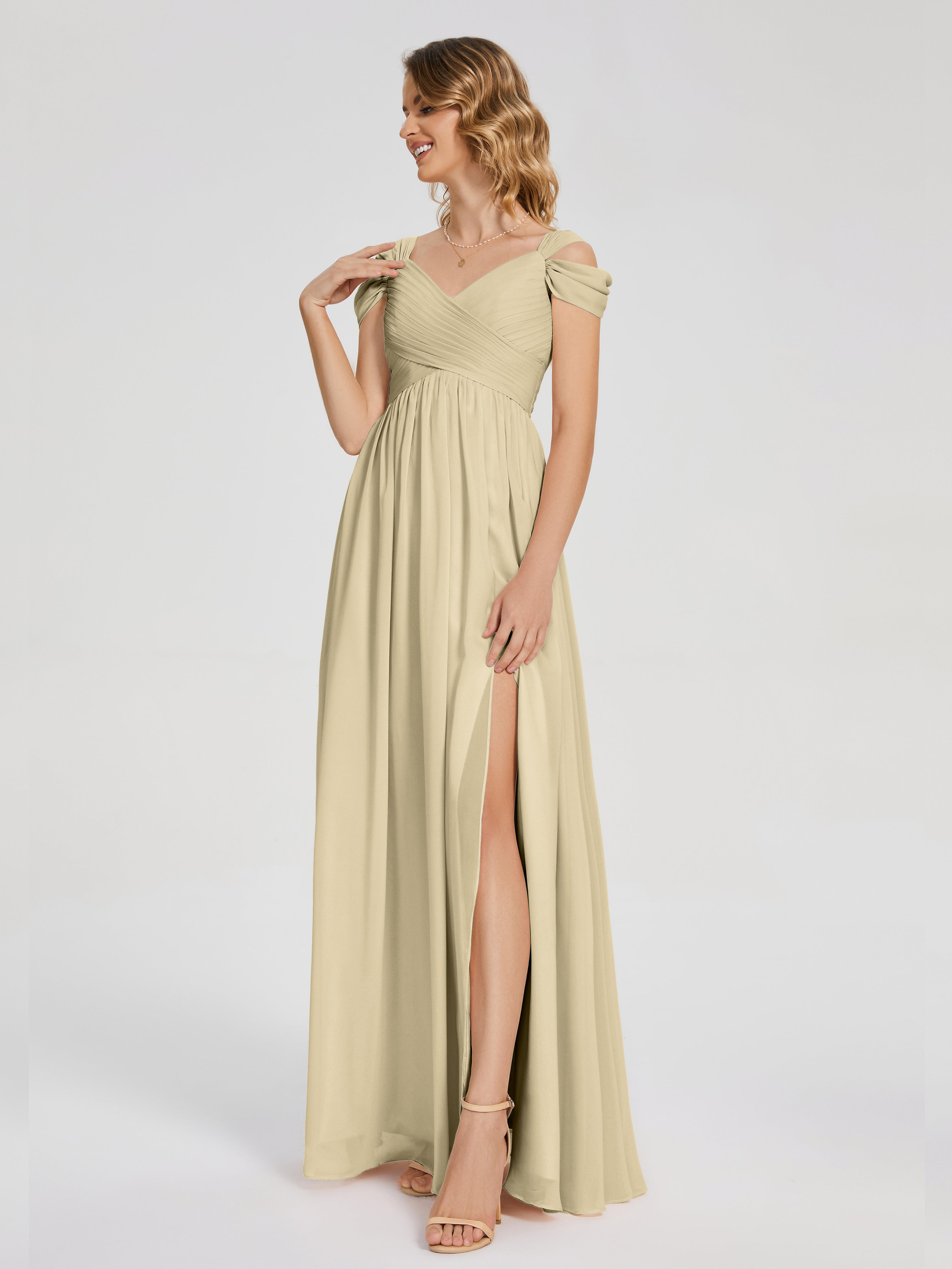 Robe De Demoiselle D'Honneur Champagne Fendue Col V Dos En V Mousseline Robes Demoiselle D'Honneur