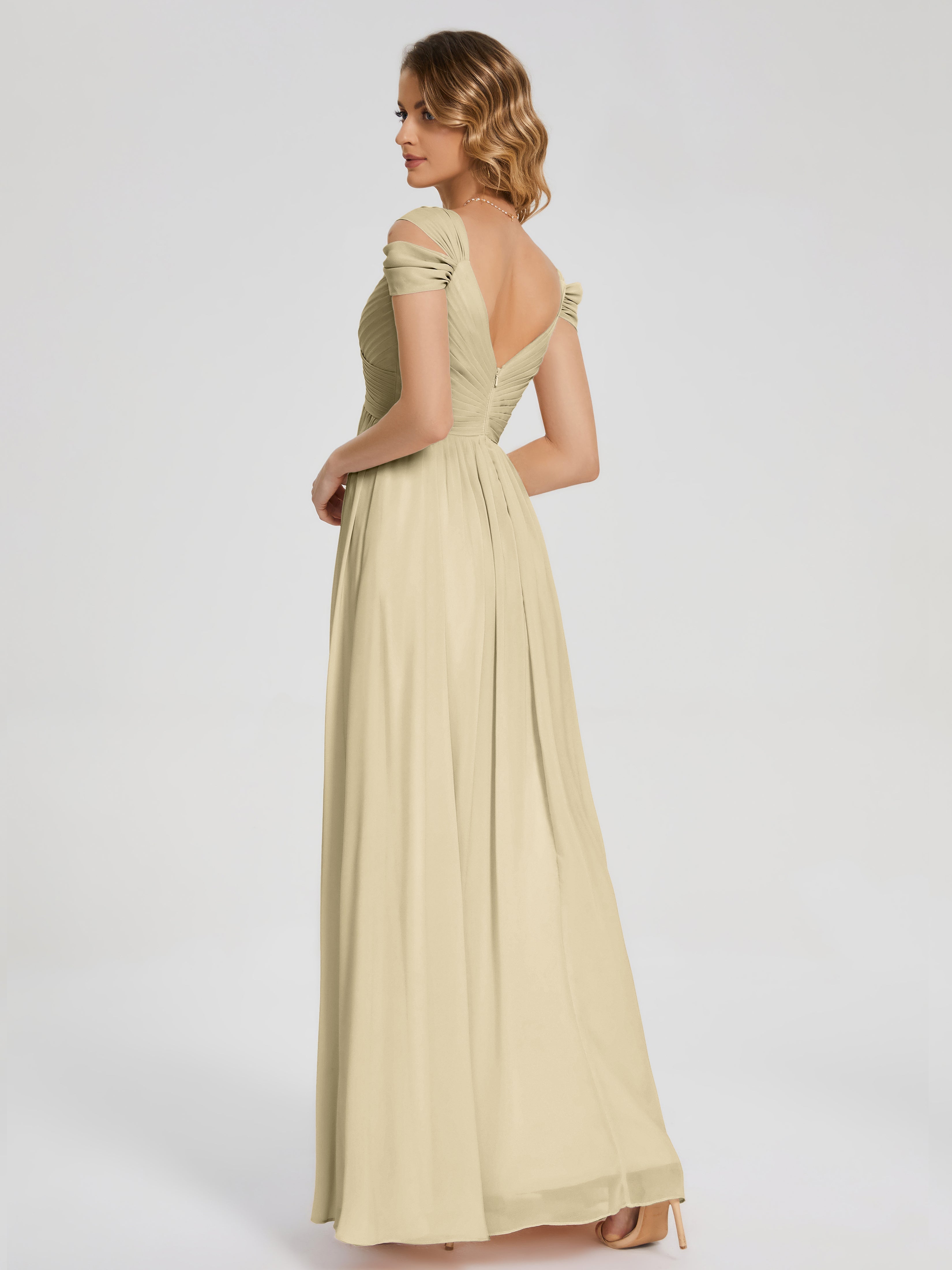 Robe De Demoiselle D'Honneur Champagne Fendue Col V Dos En V Mousseline Robes Demoiselle D'Honneur