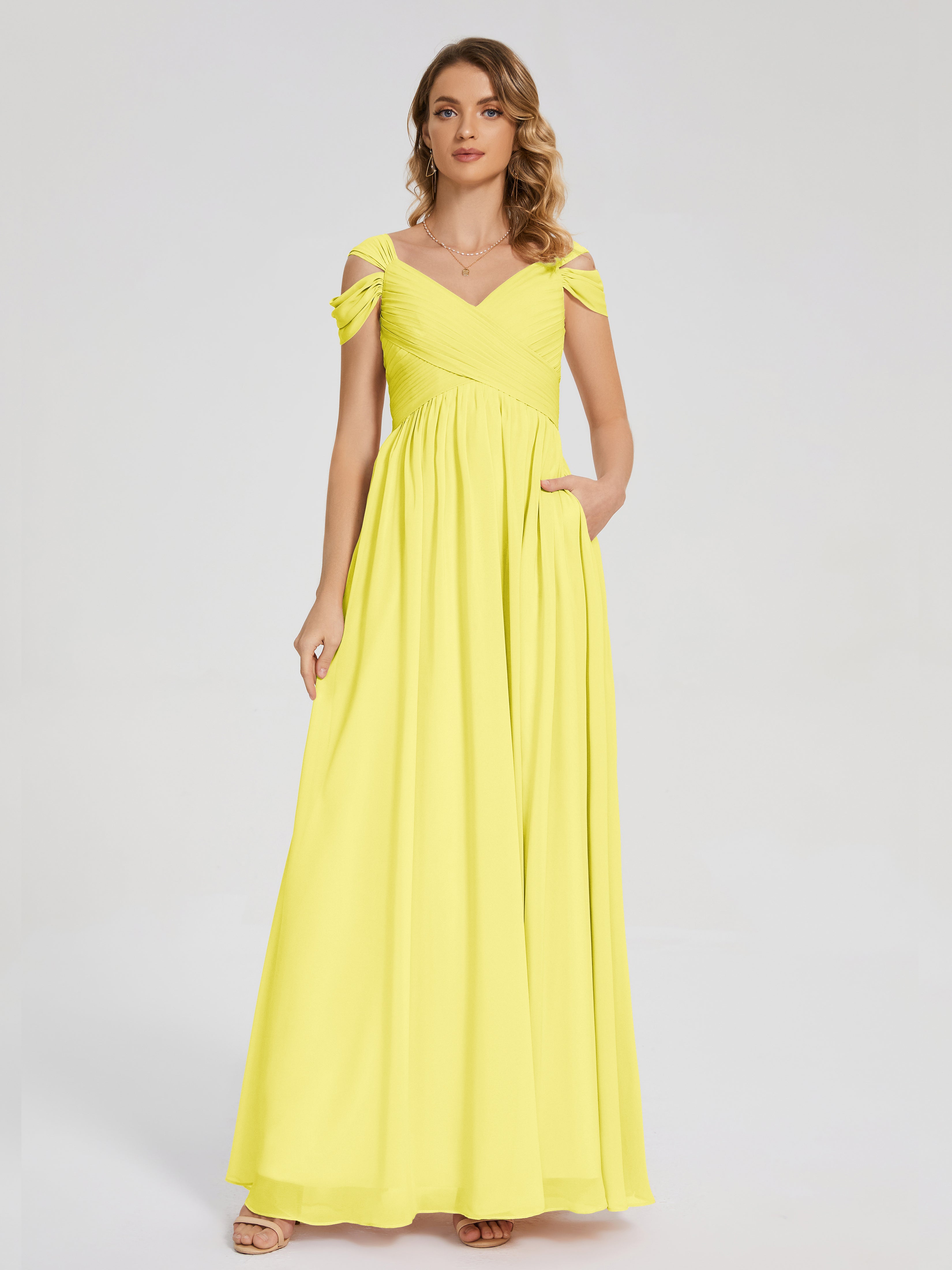 Robes De Demoiselle D'Honneur Citron Fendue Col V Dos En V Mousseline Robes Demoiselle D'Honneur