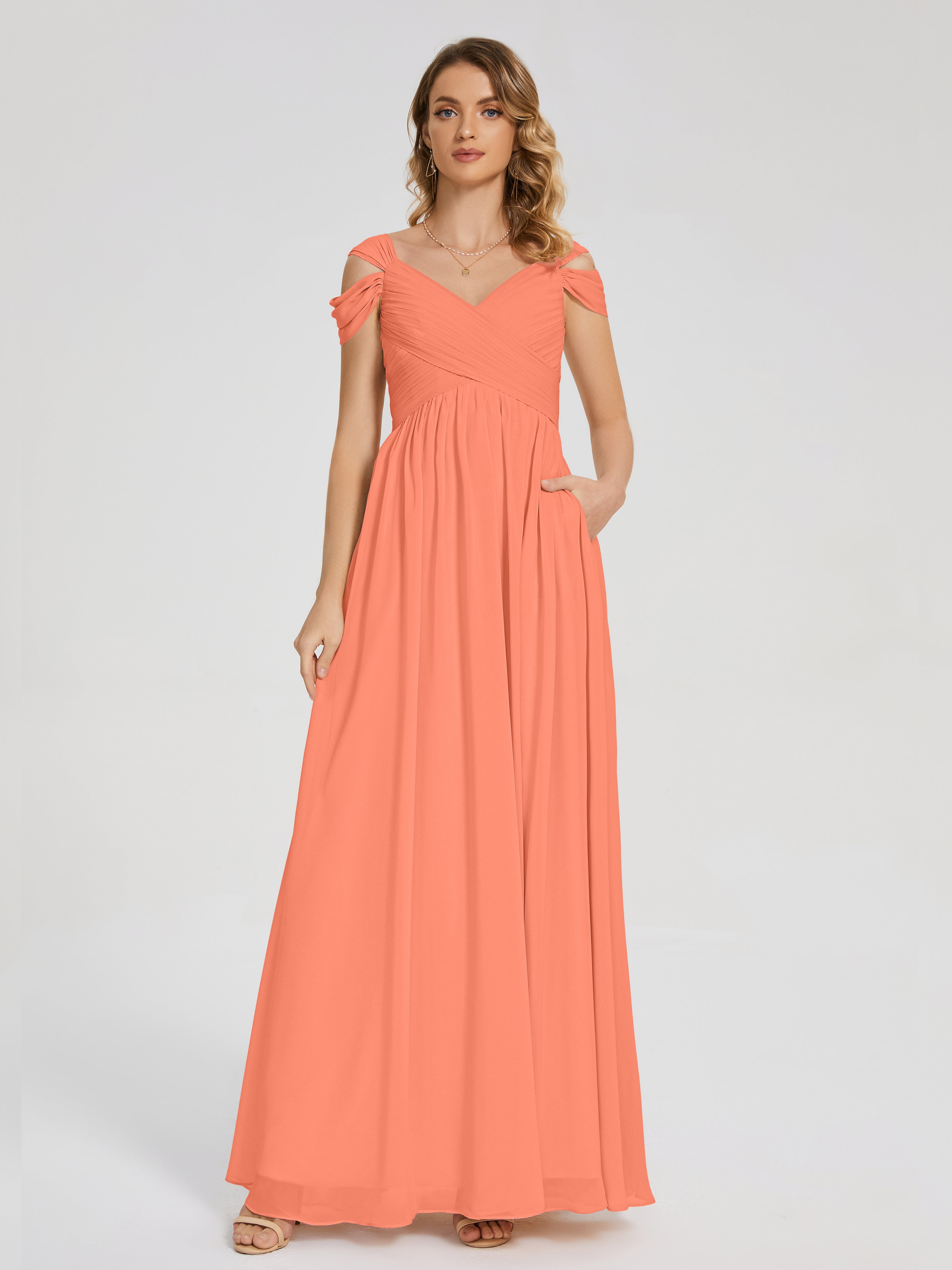 Robes De Demoiselle D'Honneur Coucher De Soleil Fendue Col V Dos En V Mousseline Robes Demoiselle D'Honneur