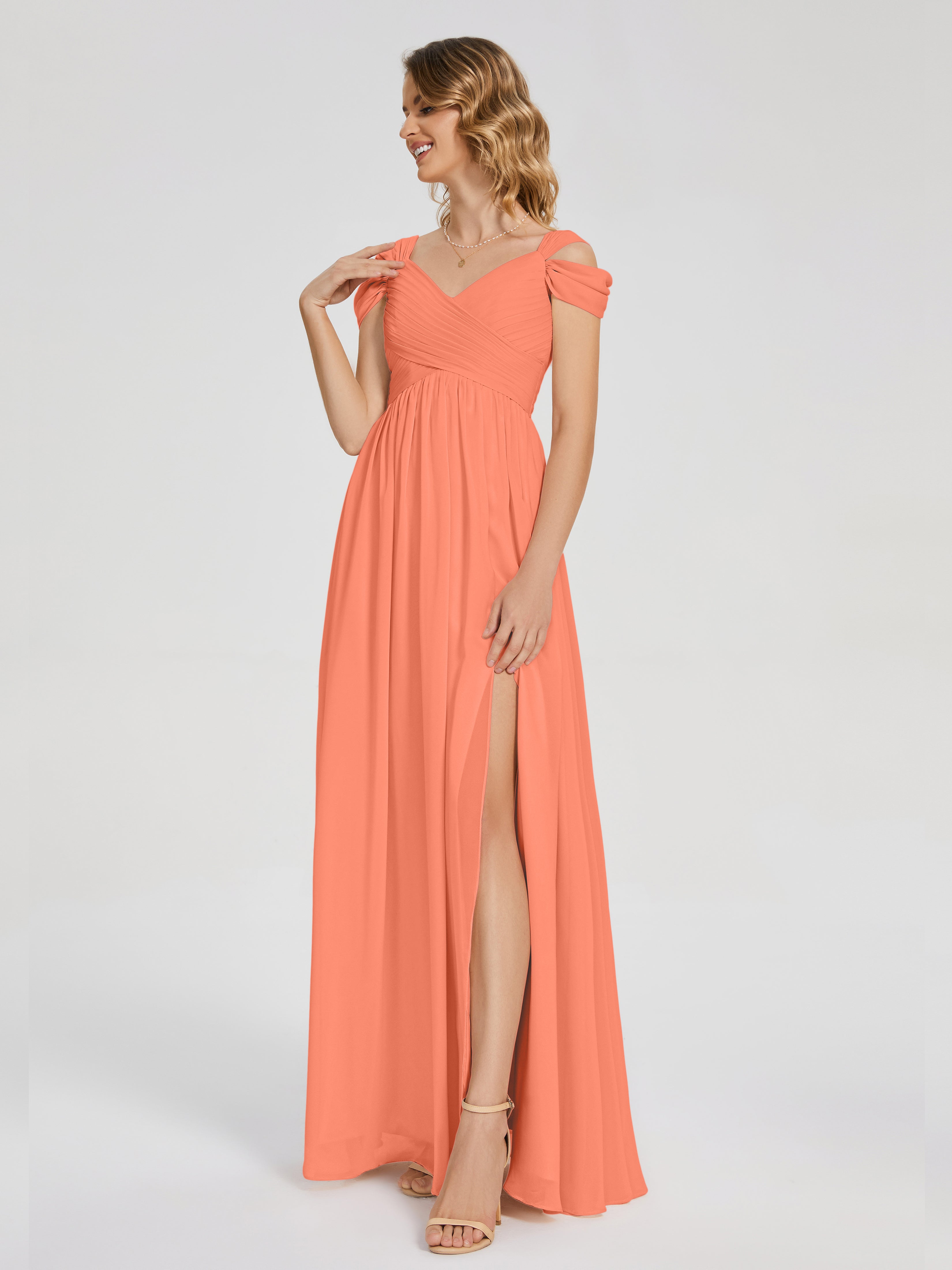 Robes De Demoiselle D'Honneur Coucher De Soleil Fendue Col V Dos En V Mousseline Robes Demoiselle D'Honneur