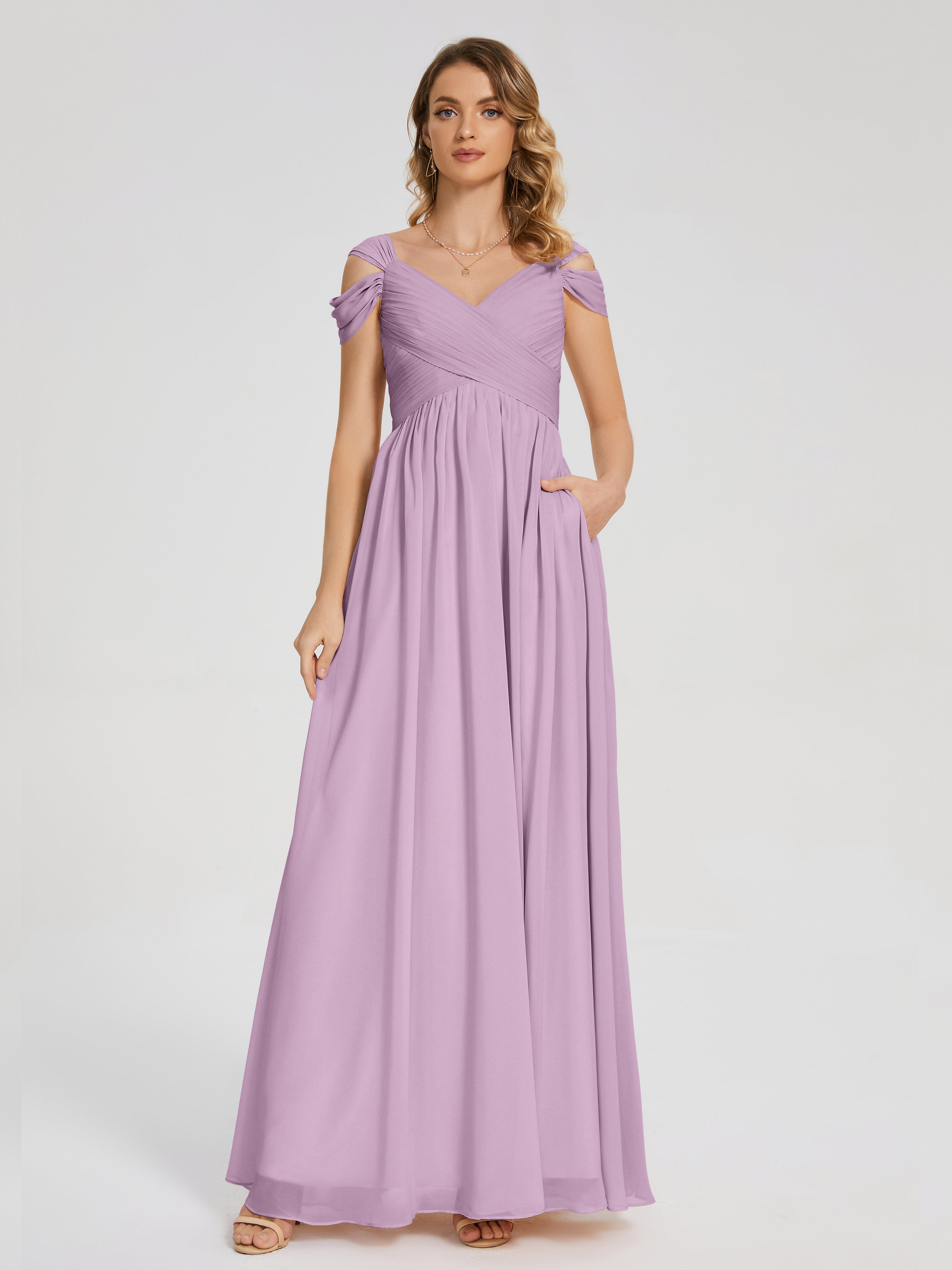 Robes De Demoiselle D'Honneur Glycine Fendue Col V Dos En V Mousseline Robes Demoiselle D'Honneur