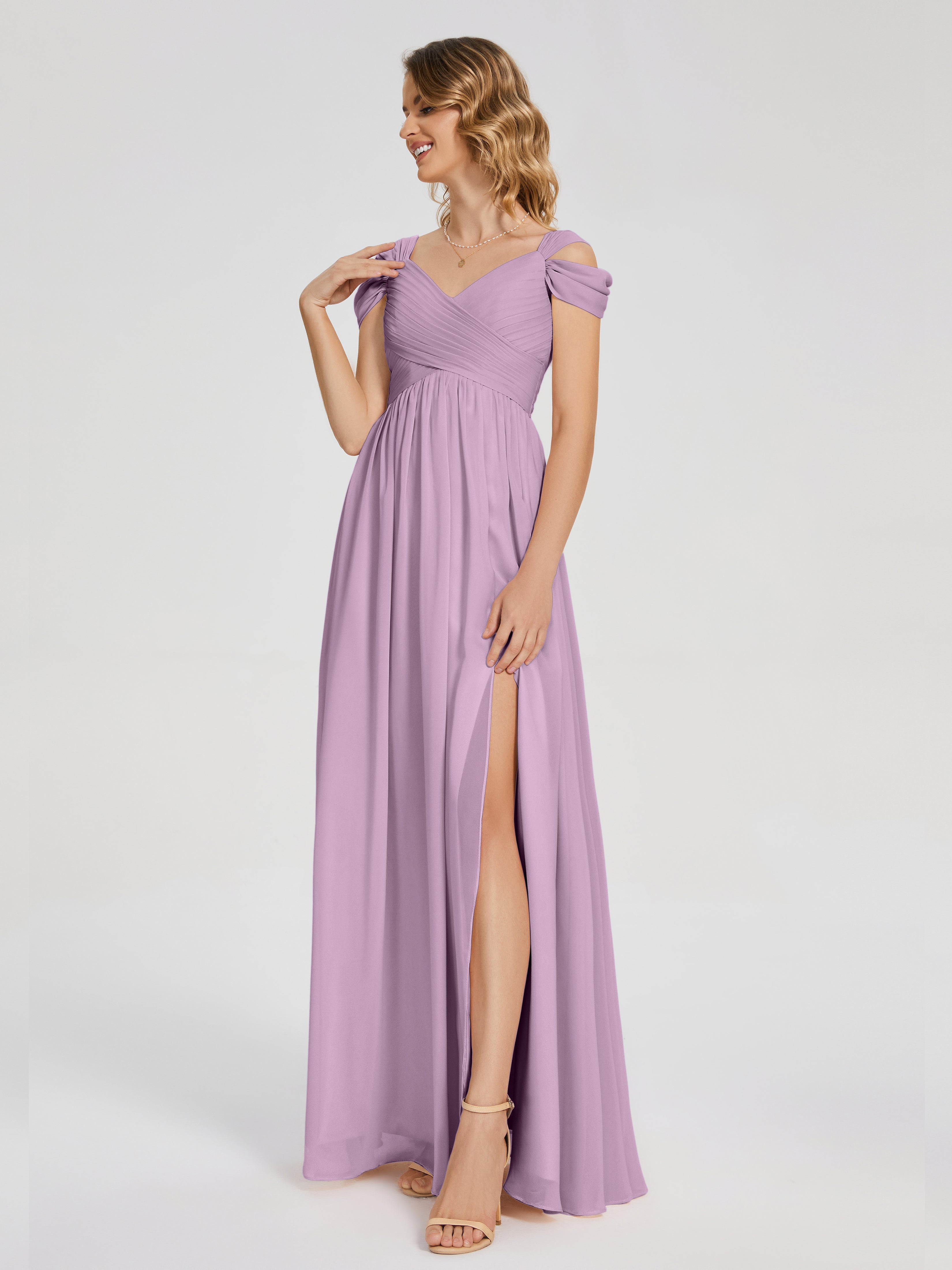 Robes De Demoiselle D'Honneur Glycine Fendue Col V Dos En V Mousseline Robes Demoiselle D'Honneur