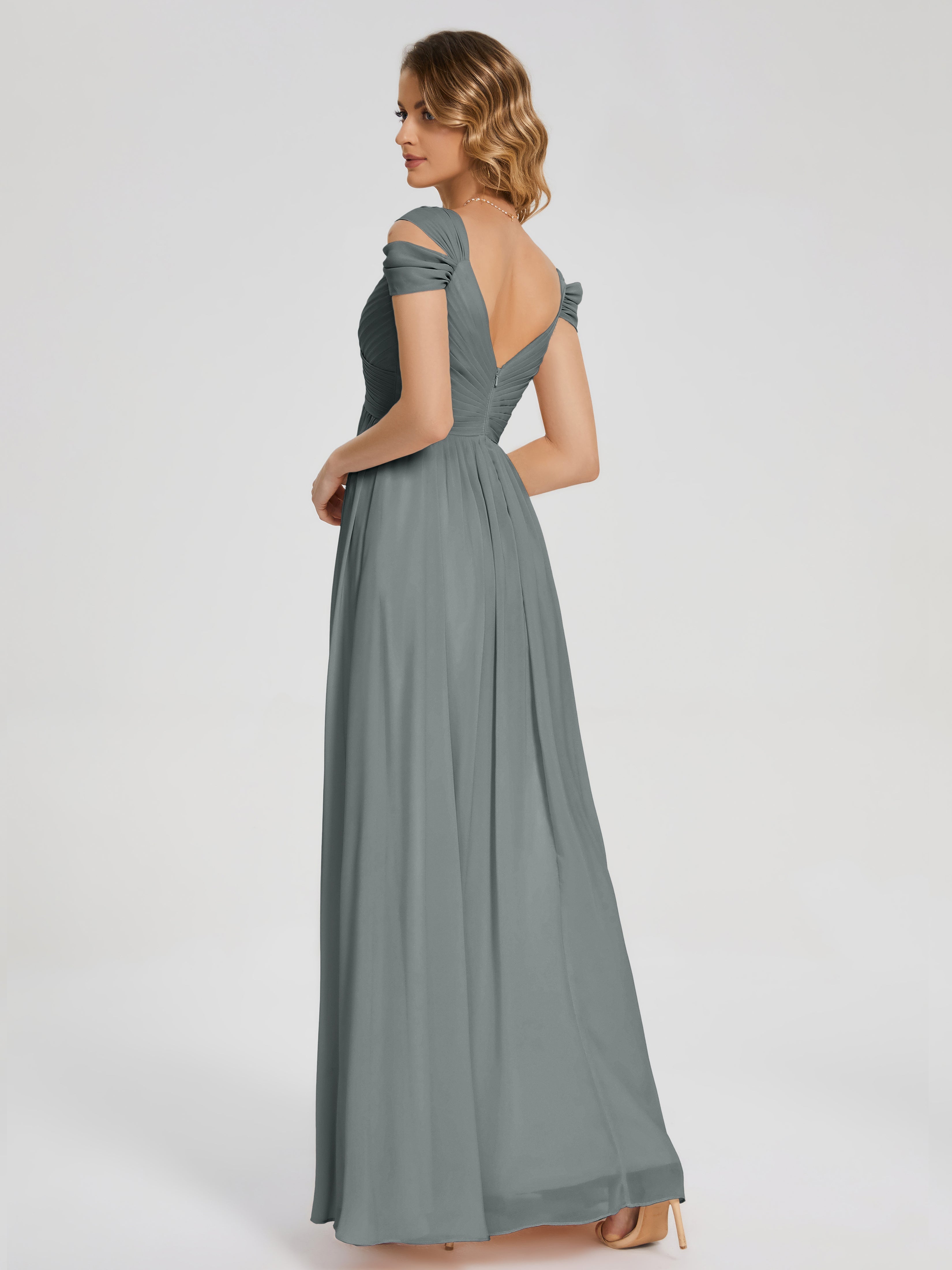 Robe Grise Demoiselle D Honneur Fendue Col V Dos En V Mousseline Robes Demoiselle D'Honneur