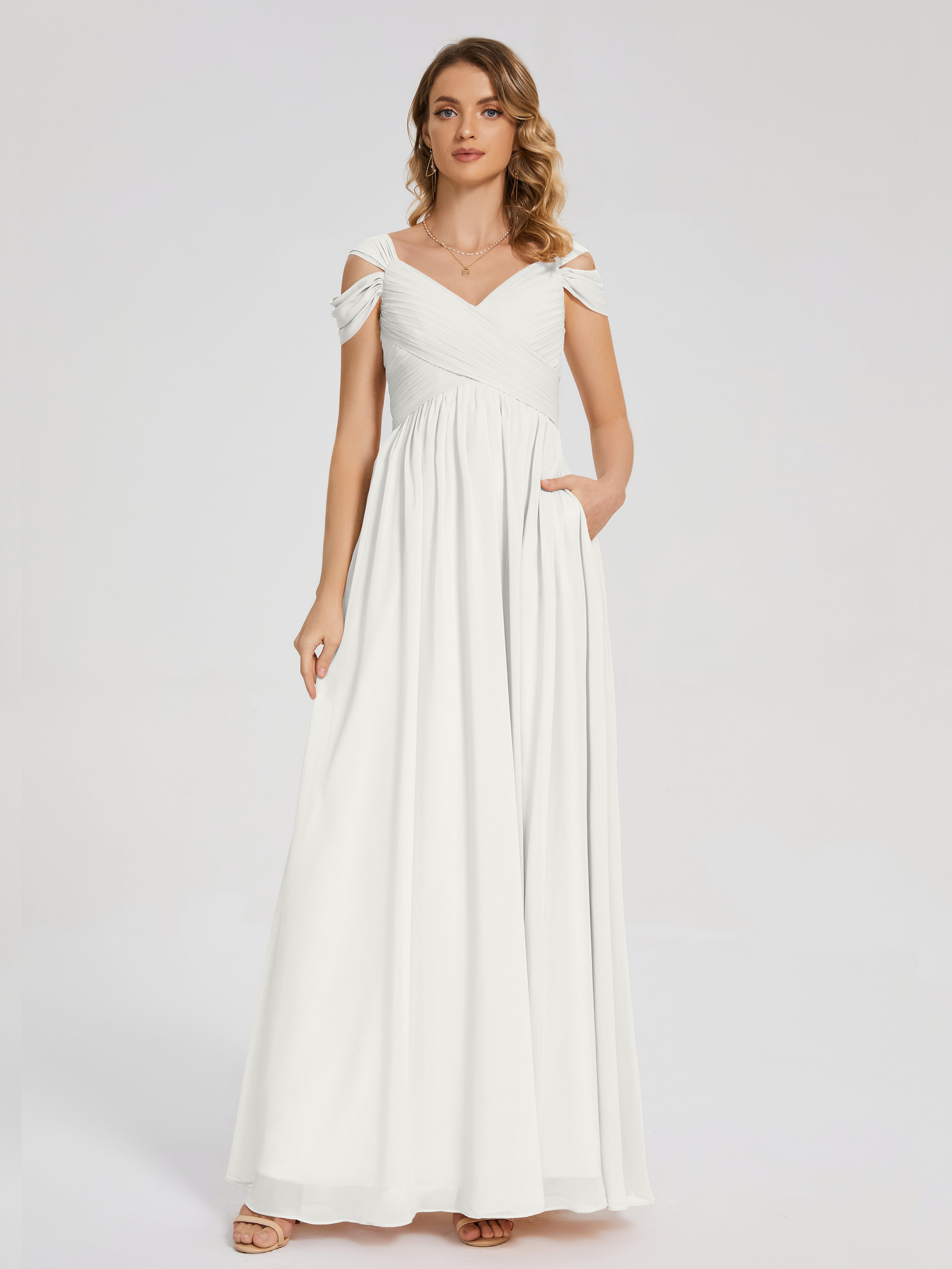 Robe Ivoire Demoiselle D Honneur Fendue Col V Dos En V Mousseline Robes Demoiselle D'Honneur