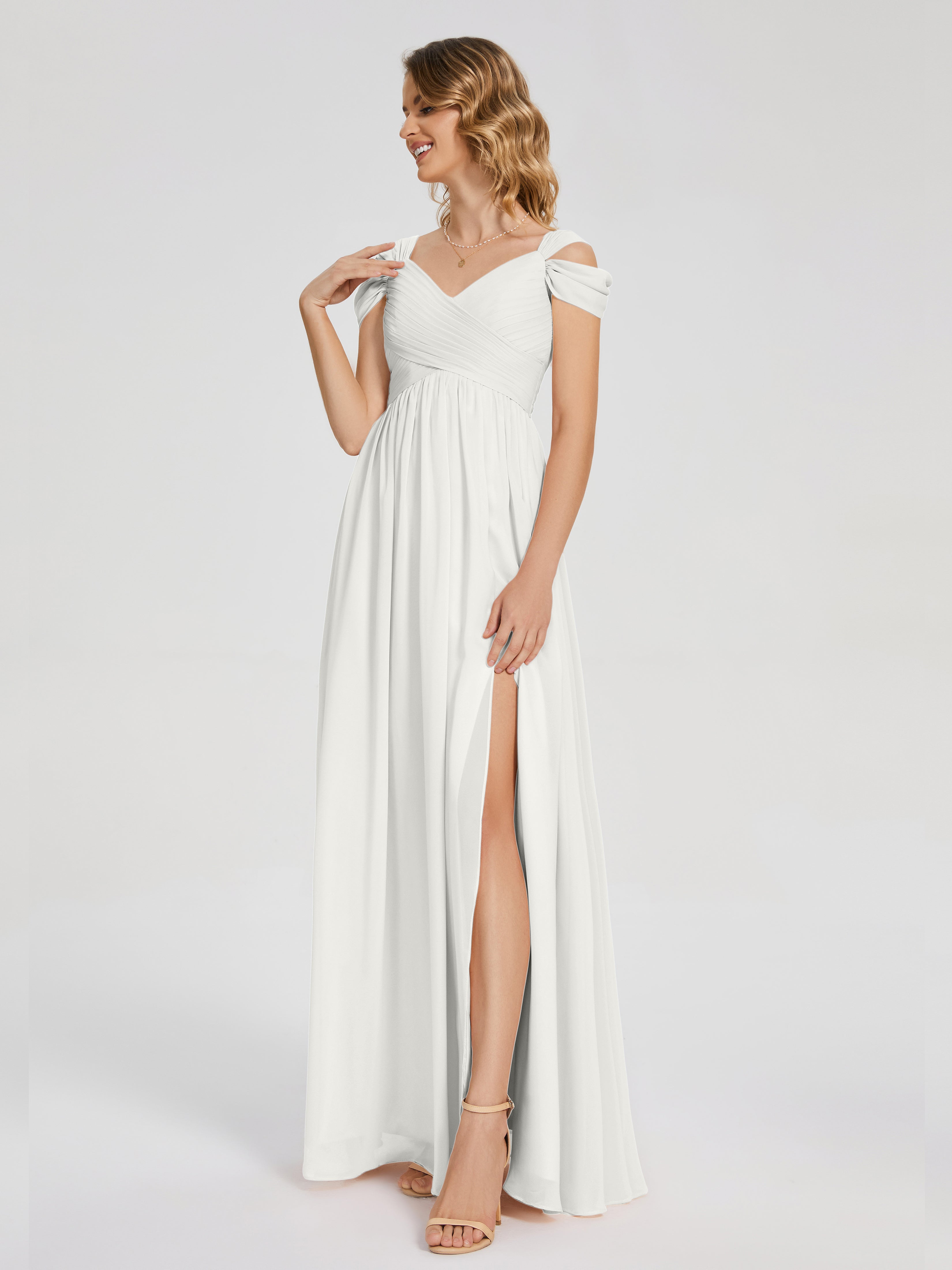 Robe Ivoire Demoiselle D Honneur Fendue Col V Dos En V Mousseline Robes Demoiselle D'Honneur