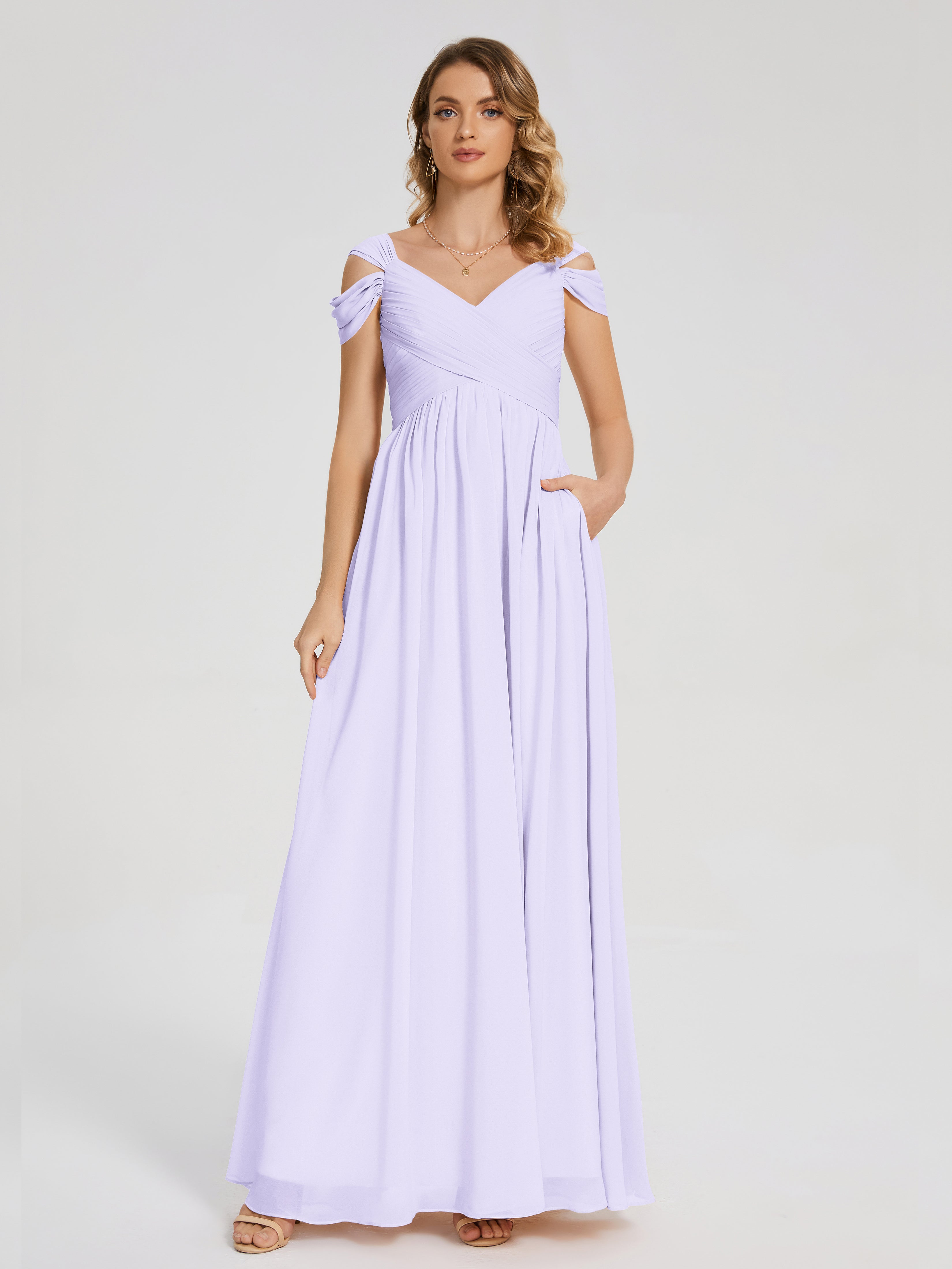 Robe Lilas Demoiselle D Honneur Fendue Col V Dos En V Mousseline Robes Demoiselle D'Honneur