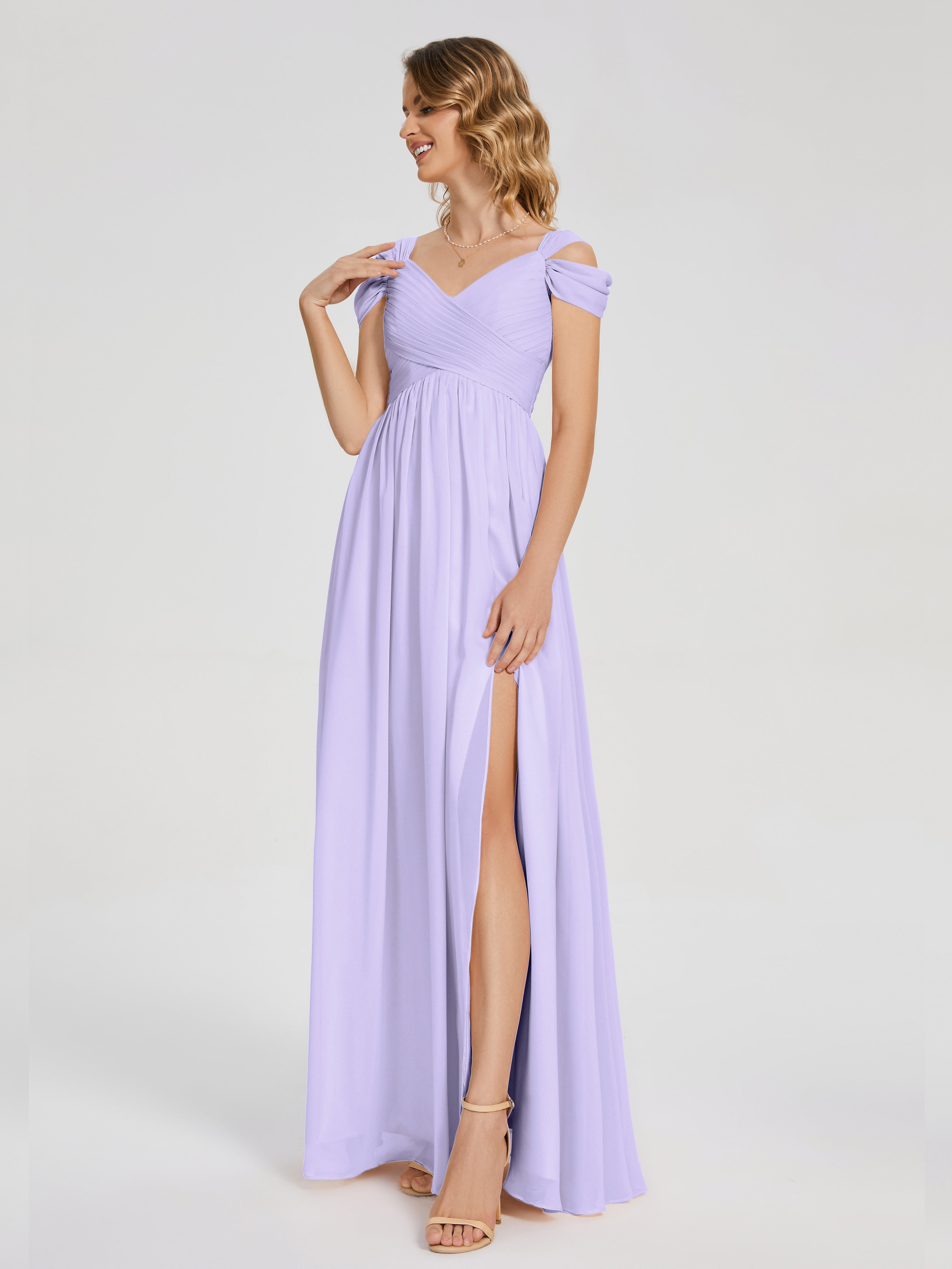 Robe Lilas Demoiselle D Honneur Fendue Col V Dos En V Mousseline Robes Demoiselle D'Honneur