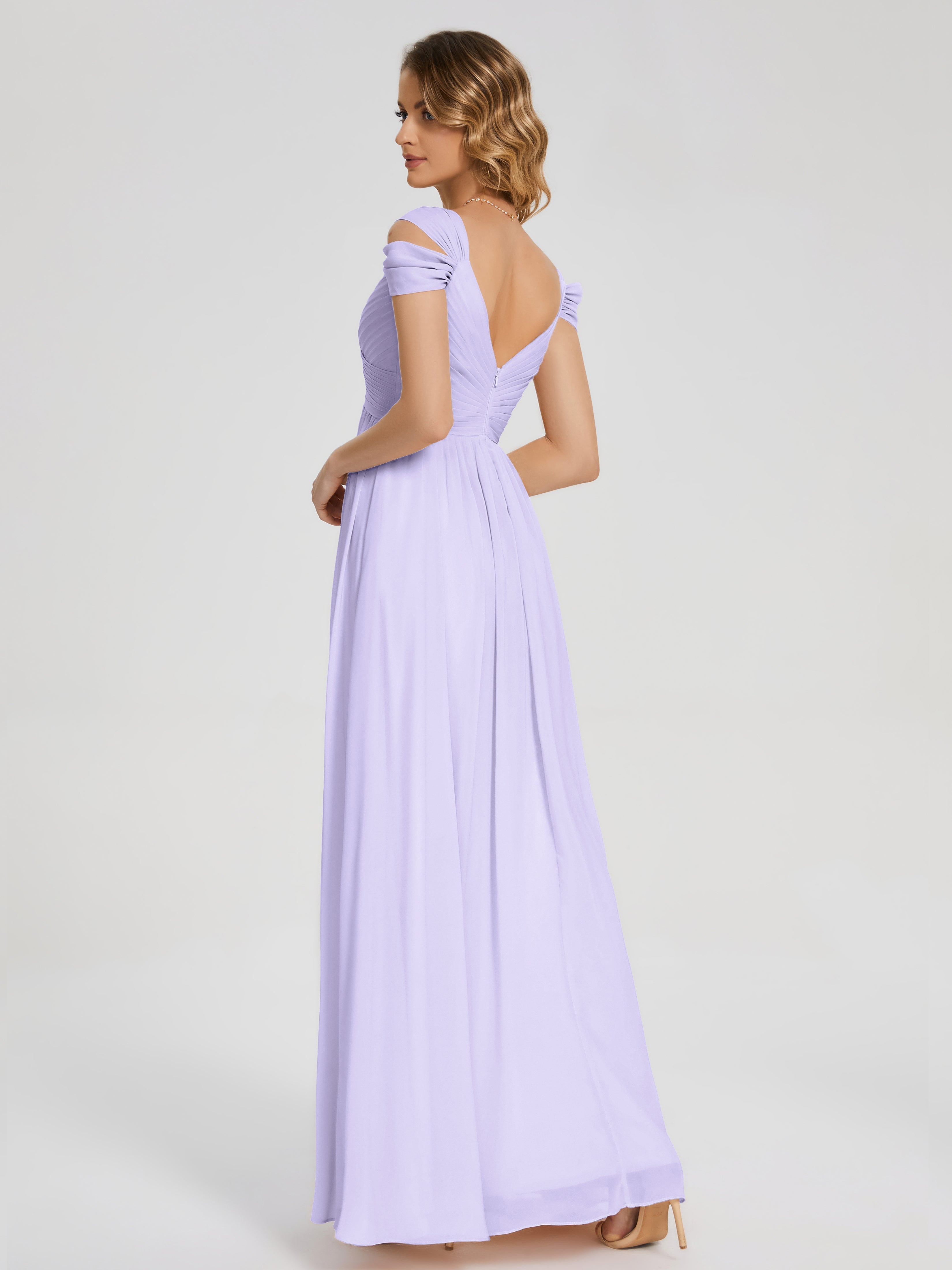 Robe Lilas Demoiselle D Honneur Fendue Col V Dos En V Mousseline Robes Demoiselle D'Honneur