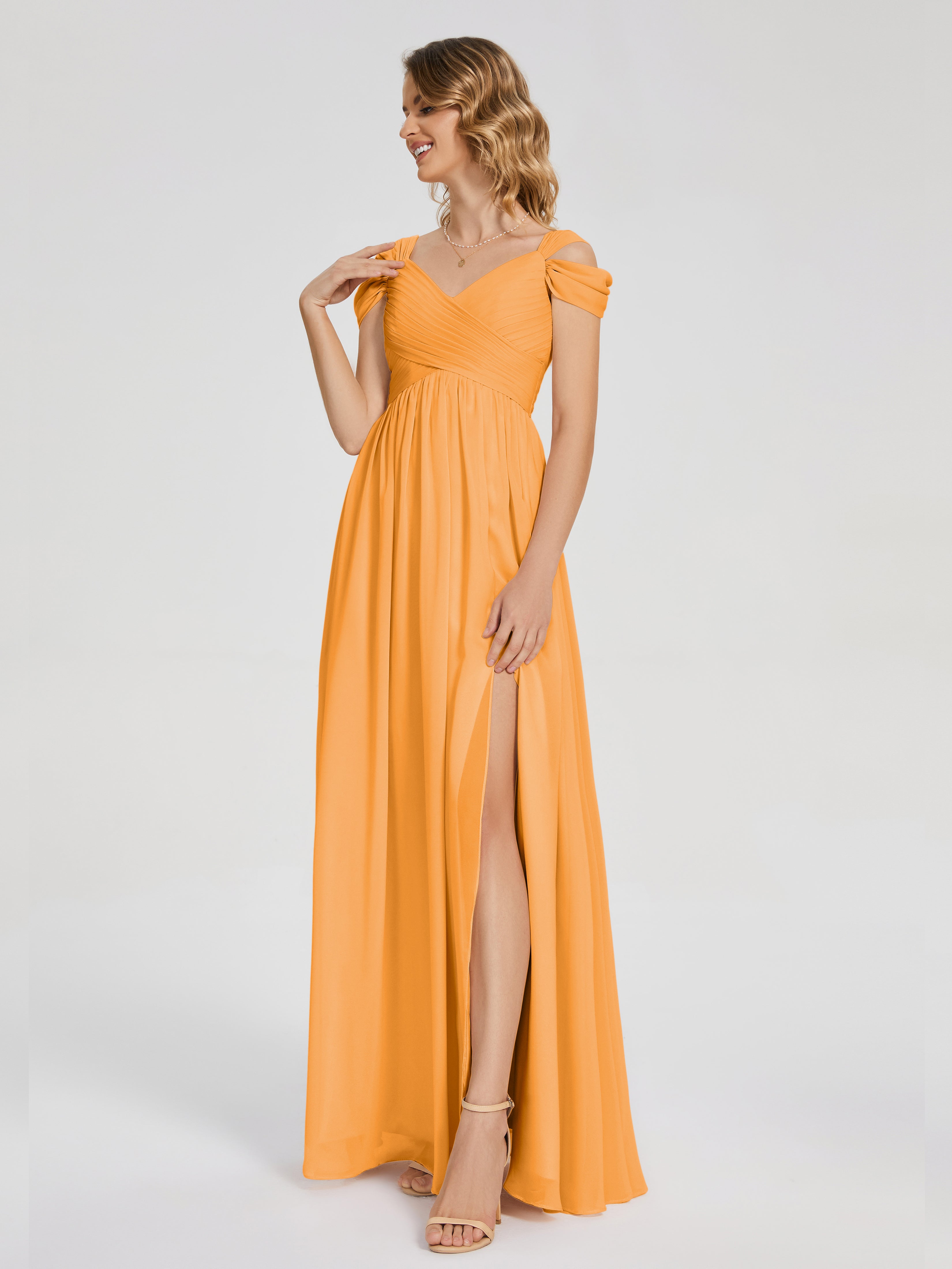 Robes De Demoiselle D'Honneur Mandarine Fendue Col V Dos En V Mousseline Robes Demoiselle D'Honneur