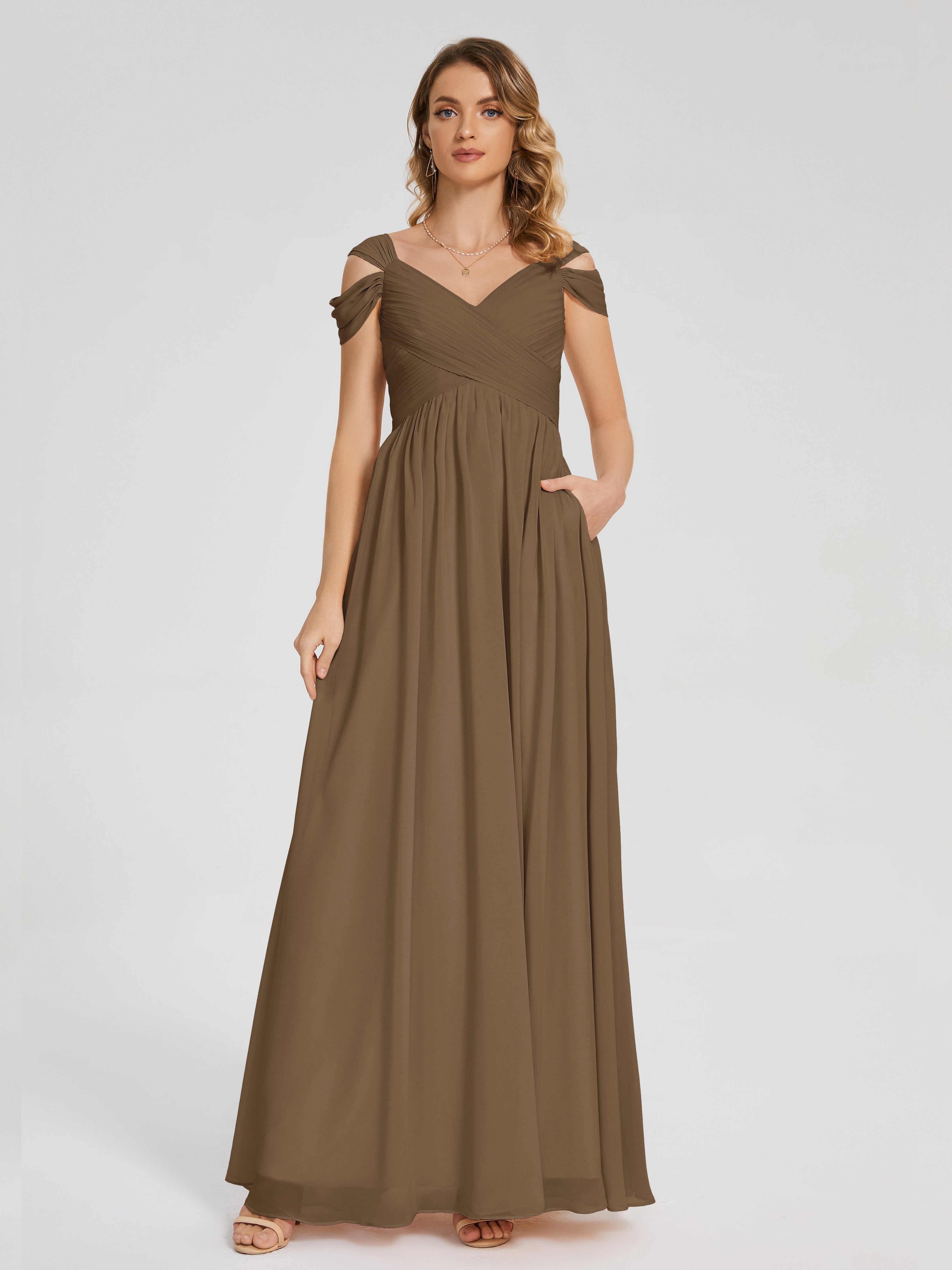 Robe De Demoiselle D'Honneur Moka Fendue Col V Dos En V Mousseline Robes Demoiselle D'Honneur