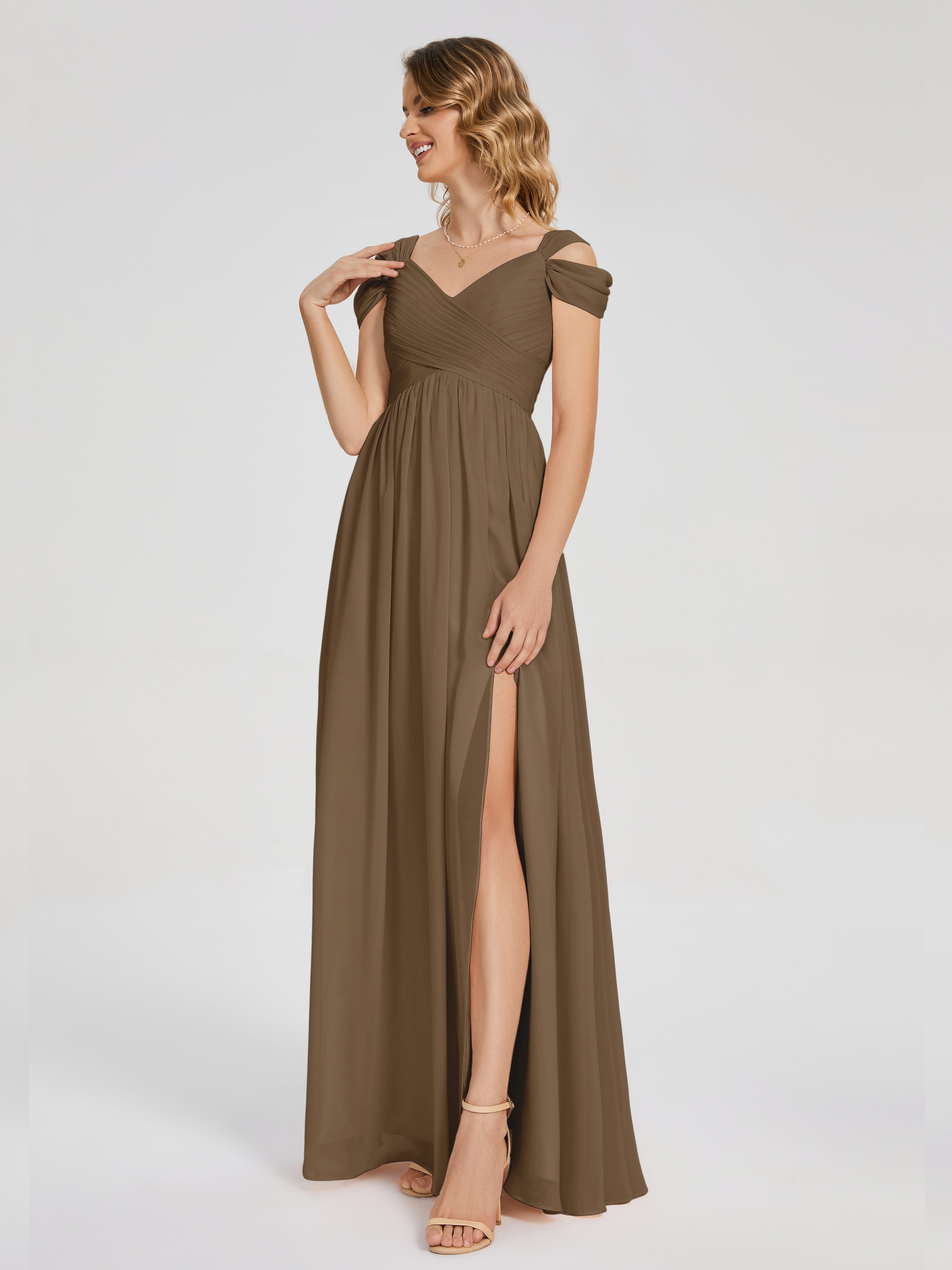 Robe De Demoiselle D'Honneur Moka Fendue Col V Dos En V Mousseline Robes Demoiselle D'Honneur