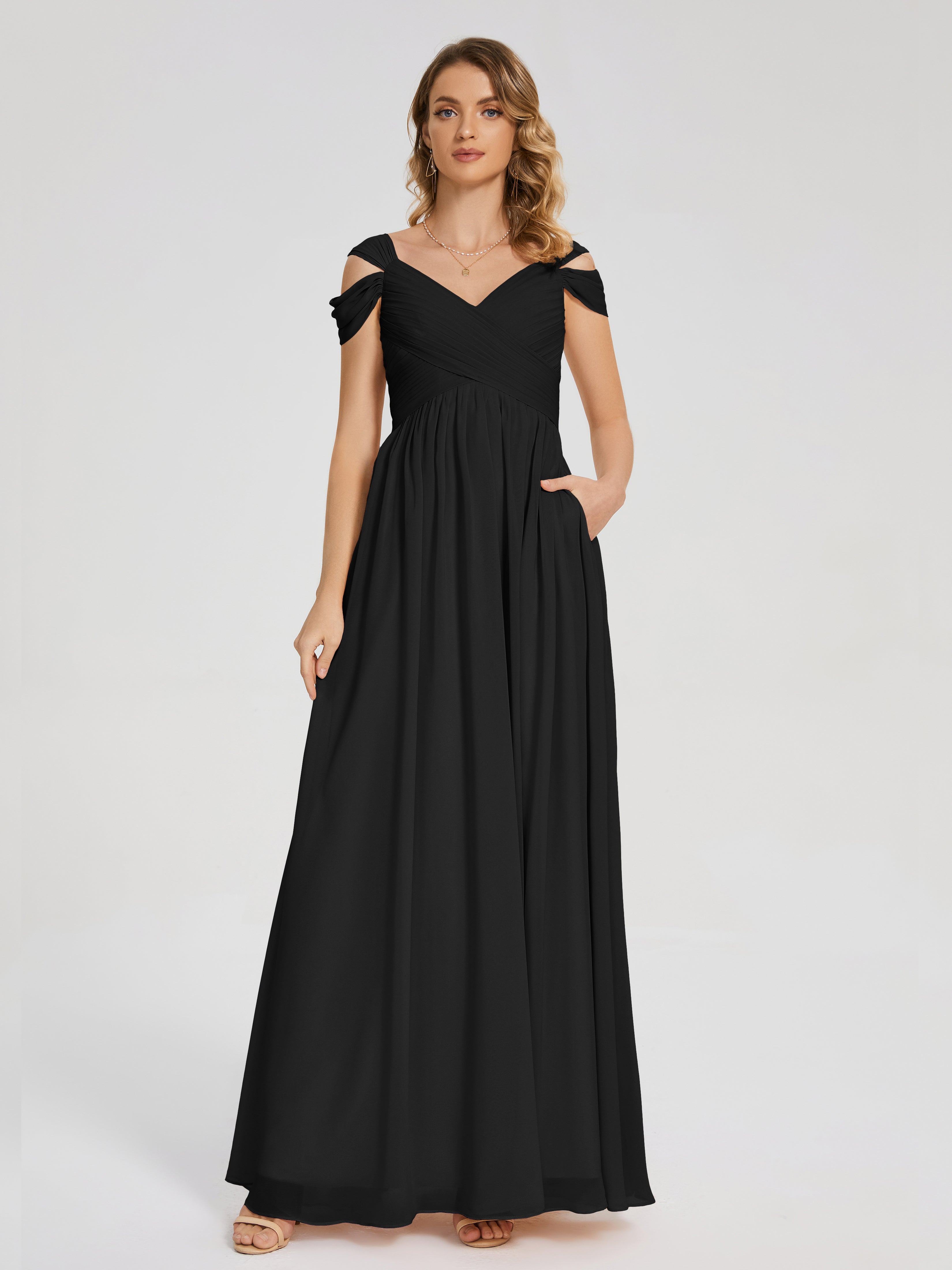 Robes De Demoiselle D'Honneur Noires Fendue Col V Dos En V Mousseline Robes Demoiselle D'Honneur