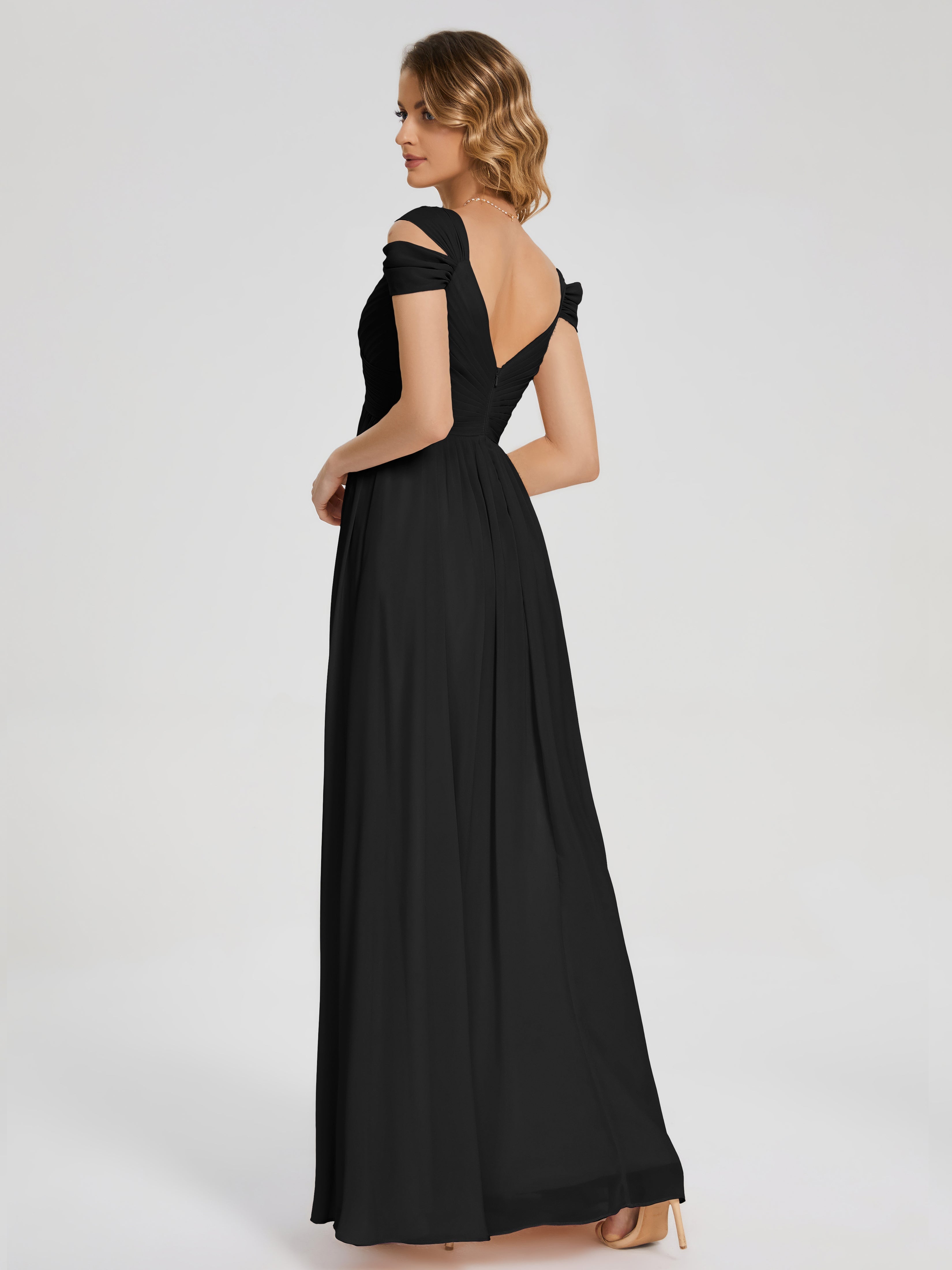 Robes De Demoiselle D'Honneur Noires Fendue Col V Dos En V Mousseline Robes Demoiselle D'Honneur