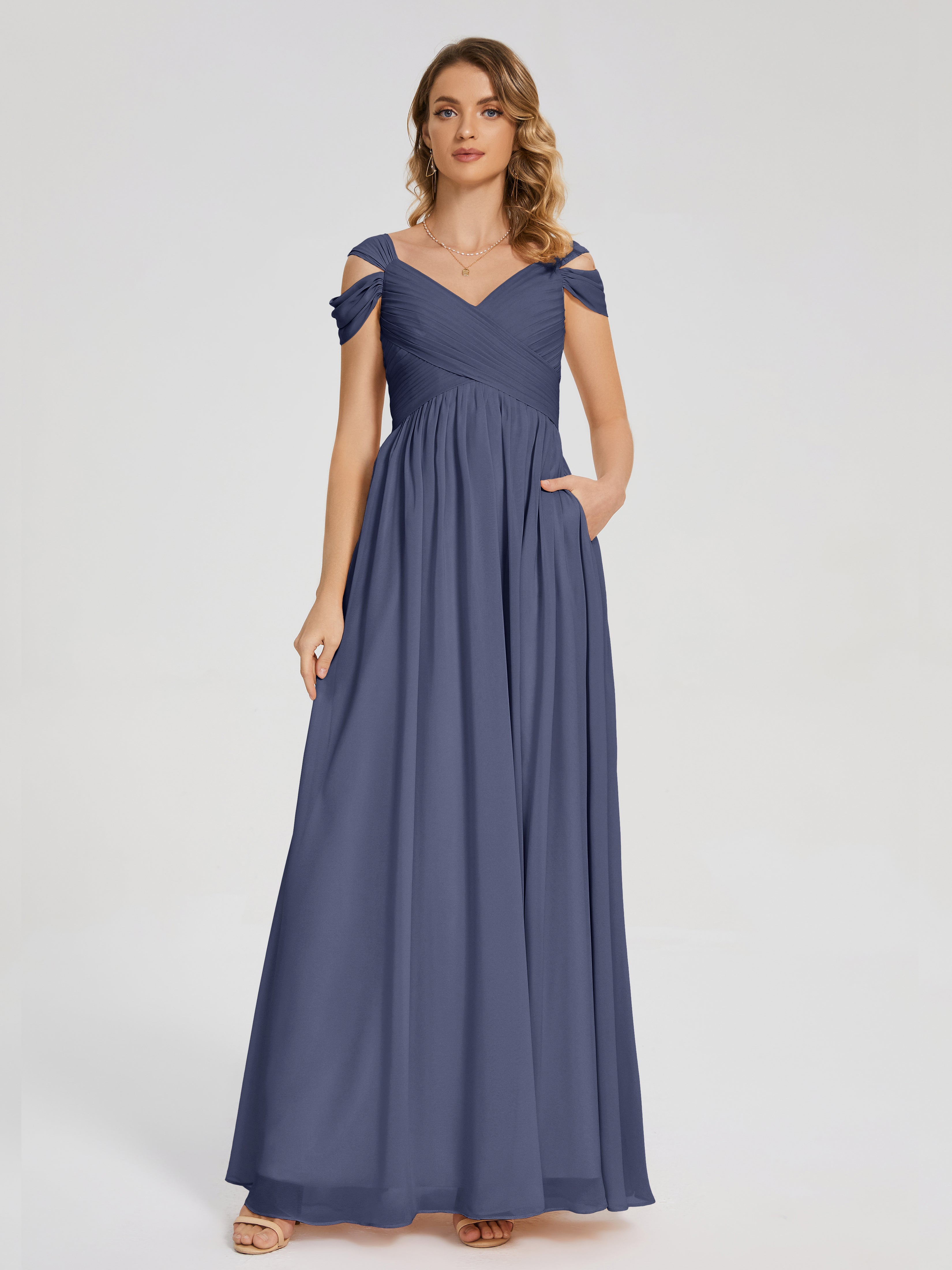 Robes De Demoiselle D'Honneur Bleu Orageux Fendue Col V Dos En V Mousseline Robes Demoiselle D'Honneur