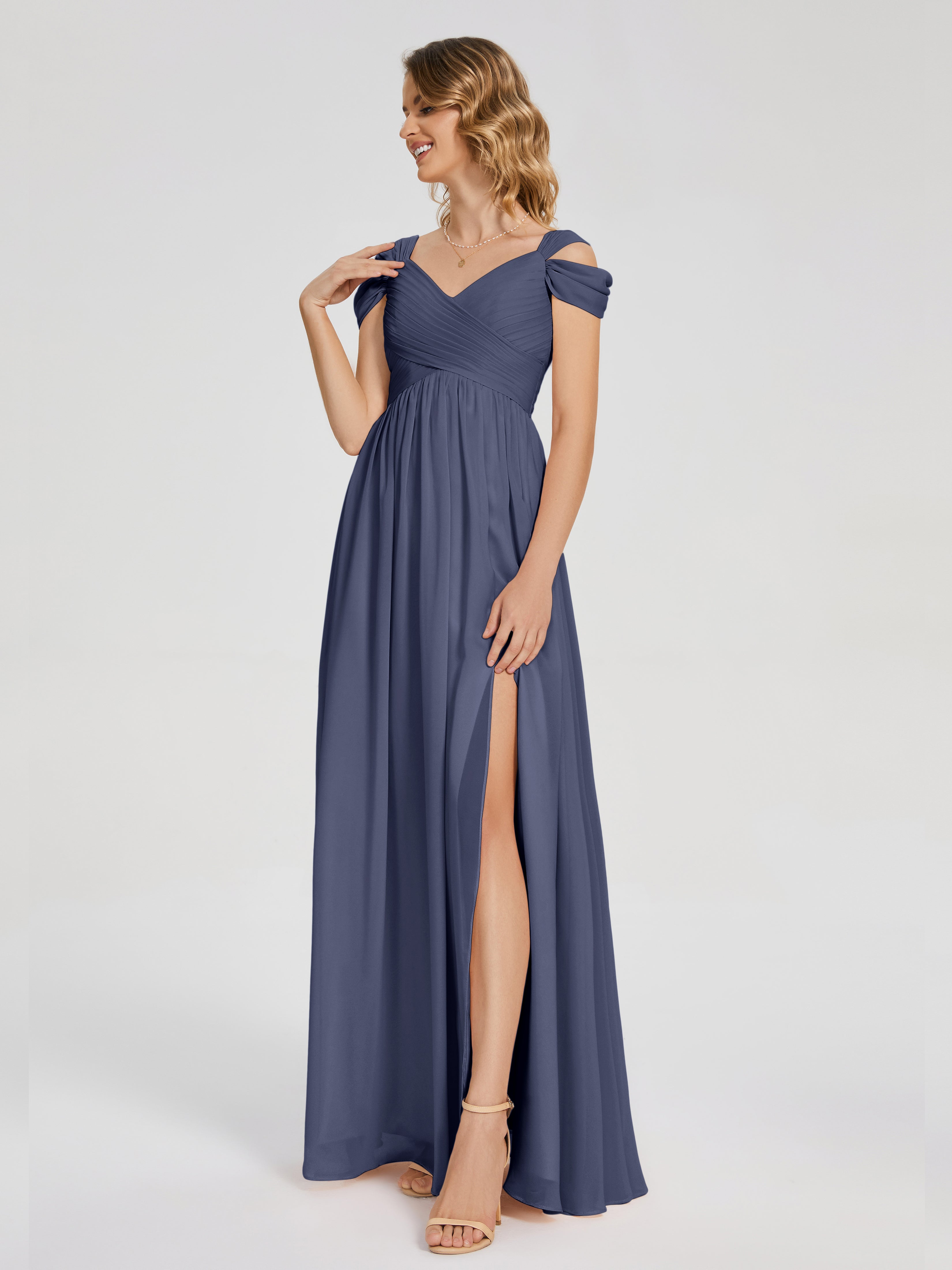 Robes De Demoiselle D'Honneur Bleu Orageux Fendue Col V Dos En V Mousseline Robes Demoiselle D'Honneur