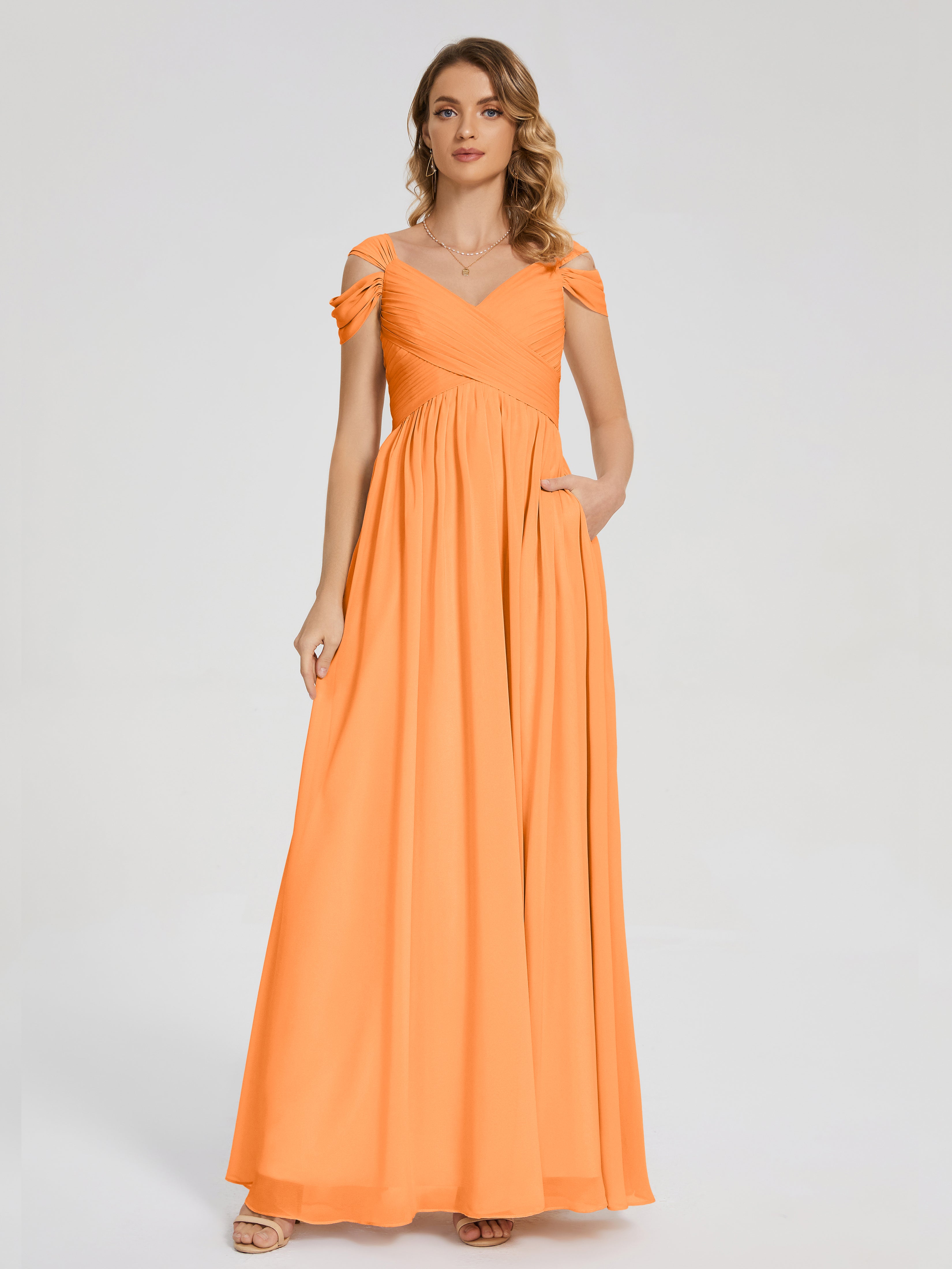 Robe Demoiselle D Honneur Orange Fendue Col V Dos En V Mousseline Robes Demoiselle D'Honneur