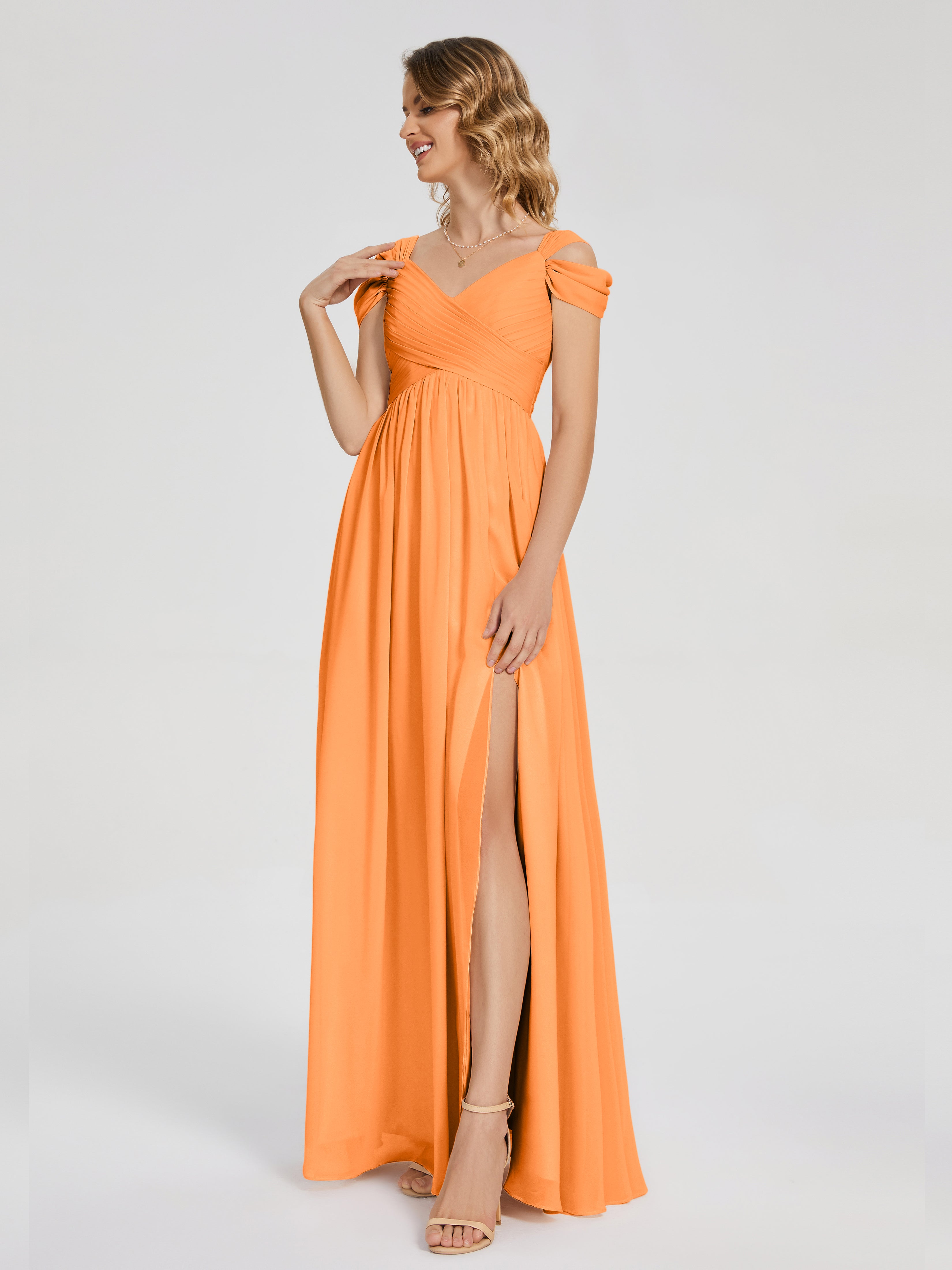 Robe Demoiselle D Honneur Orange Fendue Col V Dos En V Mousseline Robes Demoiselle D'Honneur