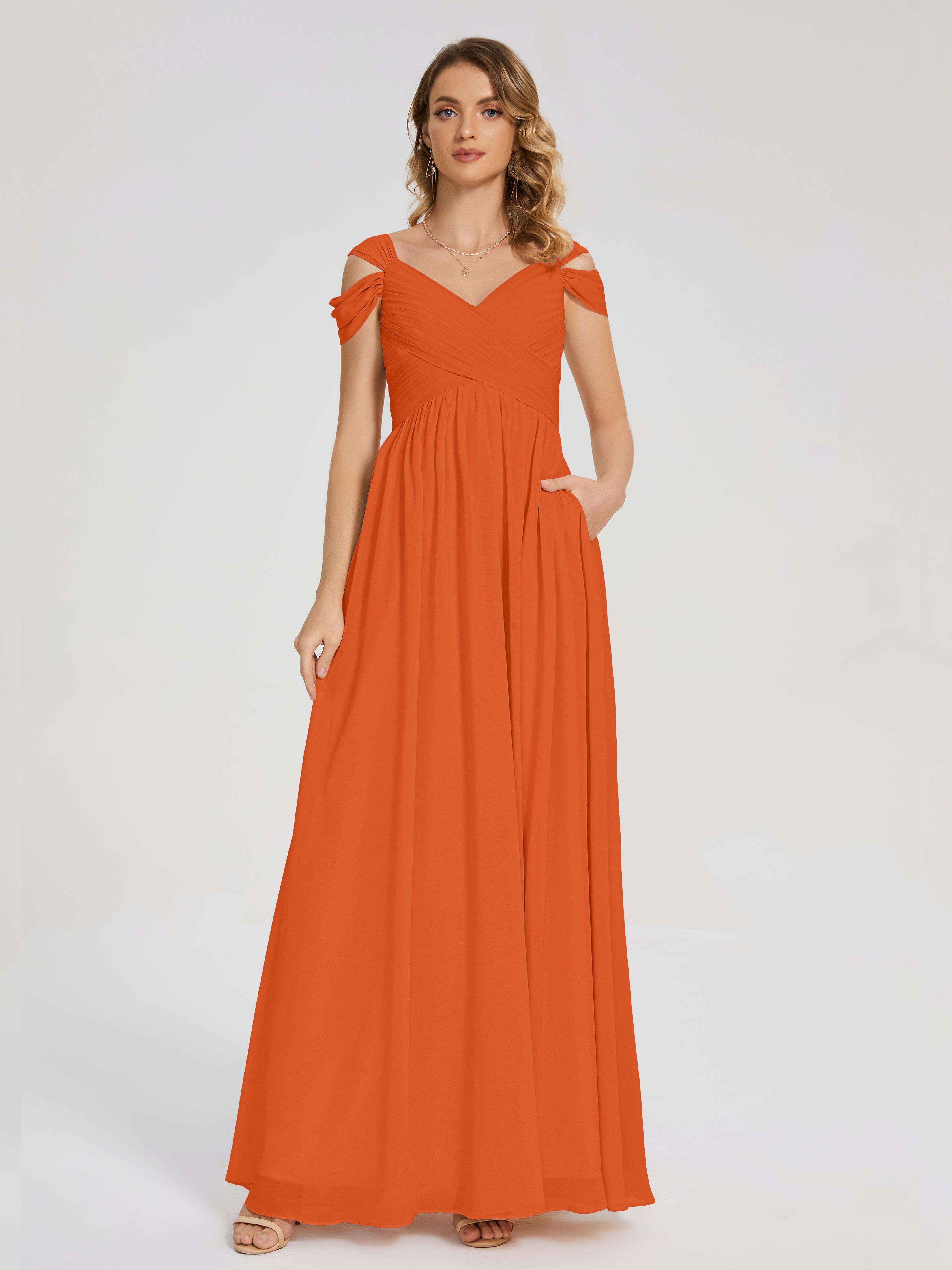 Robe Demoiselle D Honneur Orange Brulé Fendue Col V Dos En V Mousseline Robes Demoiselle D'Honneur