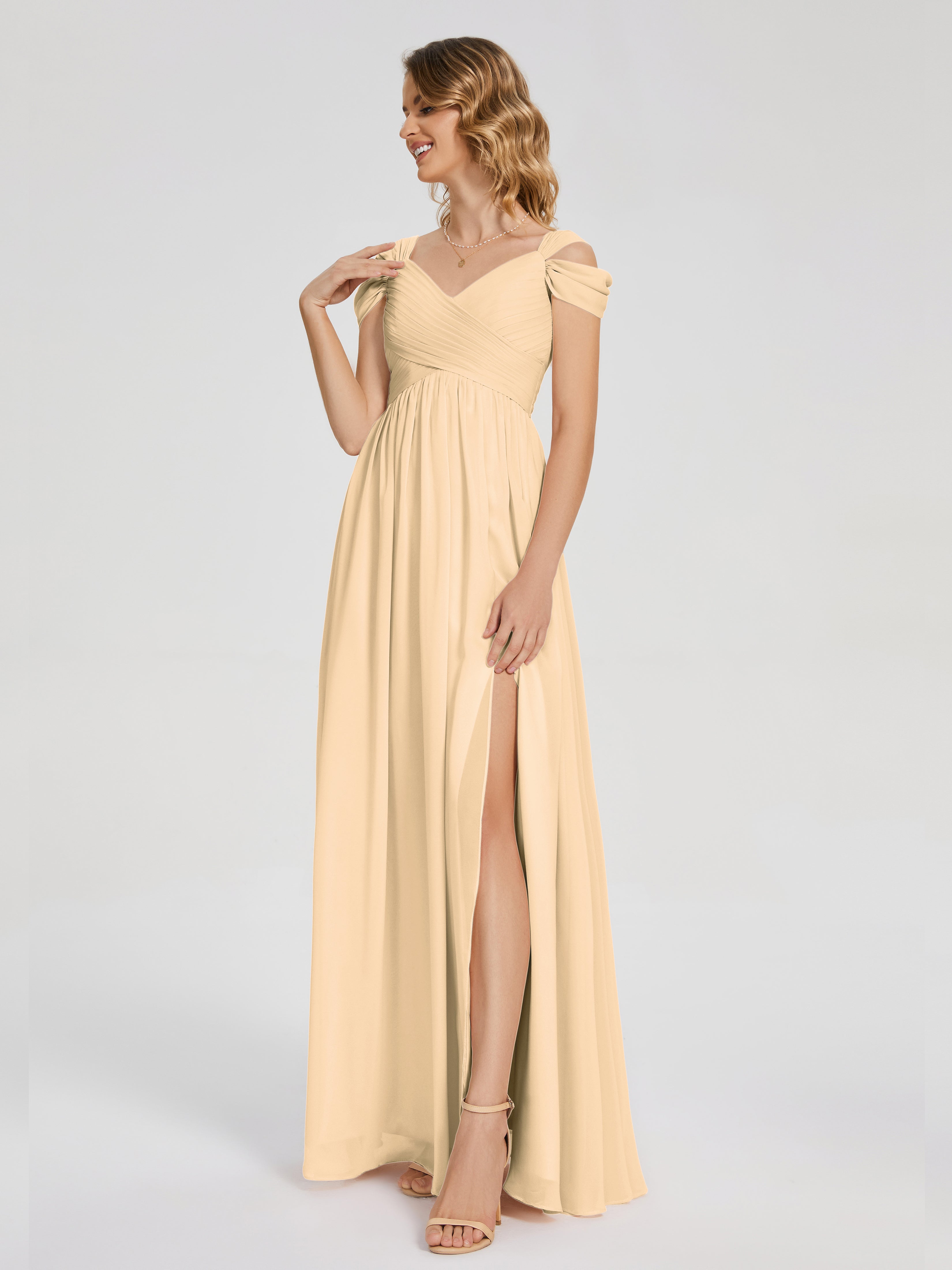 Robes De Demoiselle D'Honneur Rose Pêche Fendue Col V Dos En V Mousseline Robes Demoiselle D'Honneur