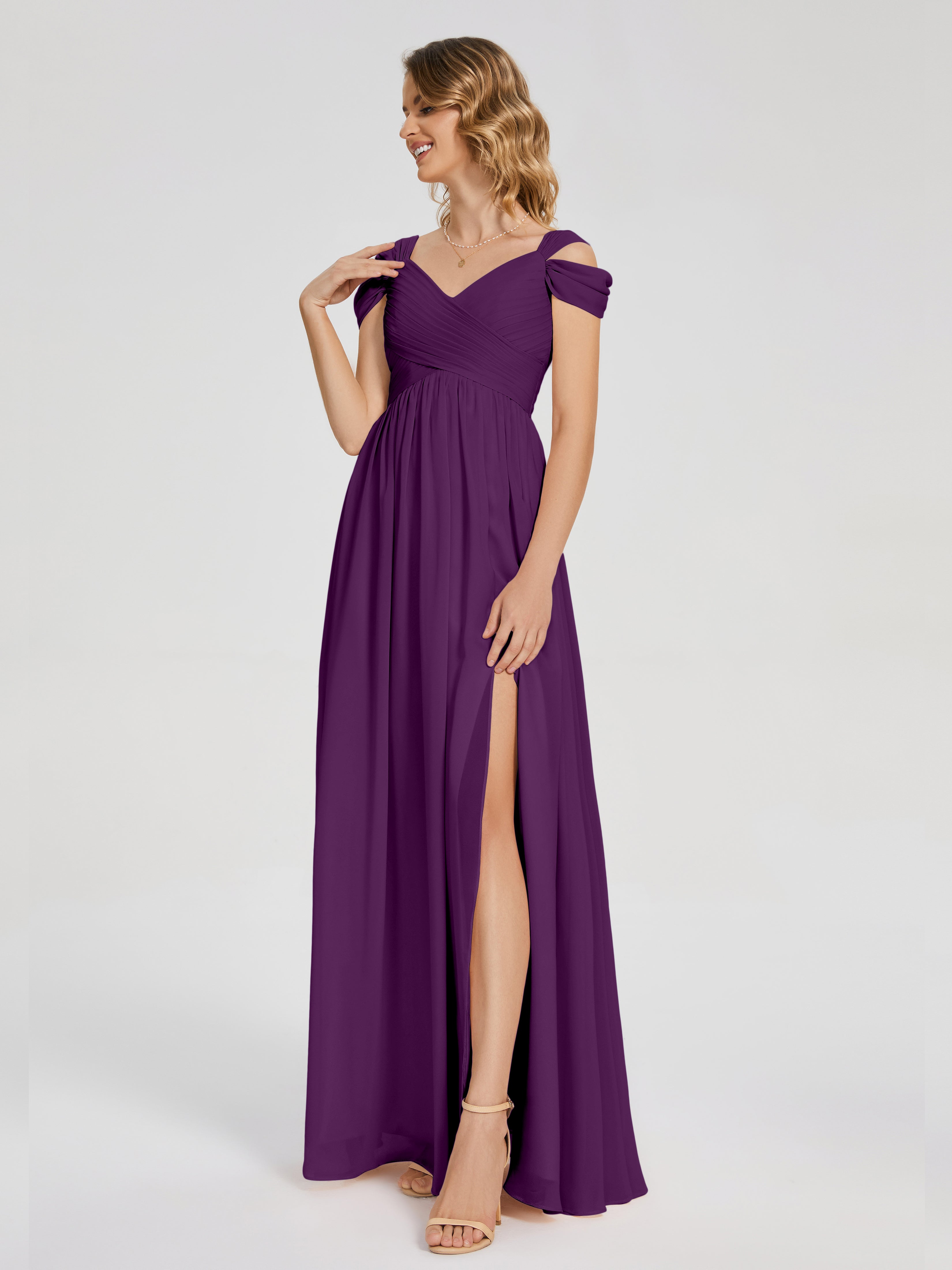 Robes De Demoiselle D'Honneur En Raisin Fendue Col V Dos En V Mousseline Robes Demoiselle D'Honneur