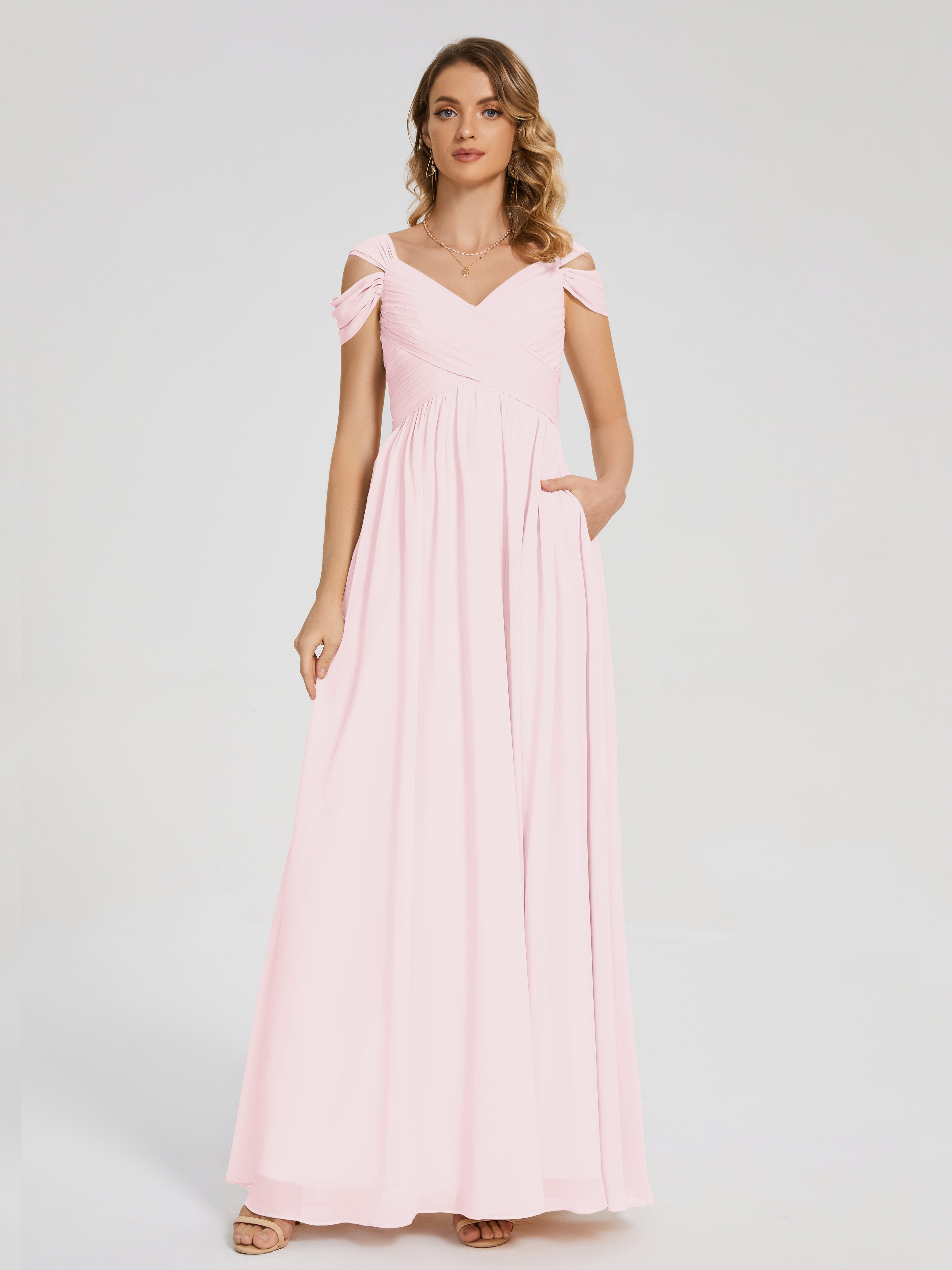 Robe Rose Pale Demoiselle D Honneur Fendue Col V Dos En V Mousseline Robes Demoiselle D'Honneur