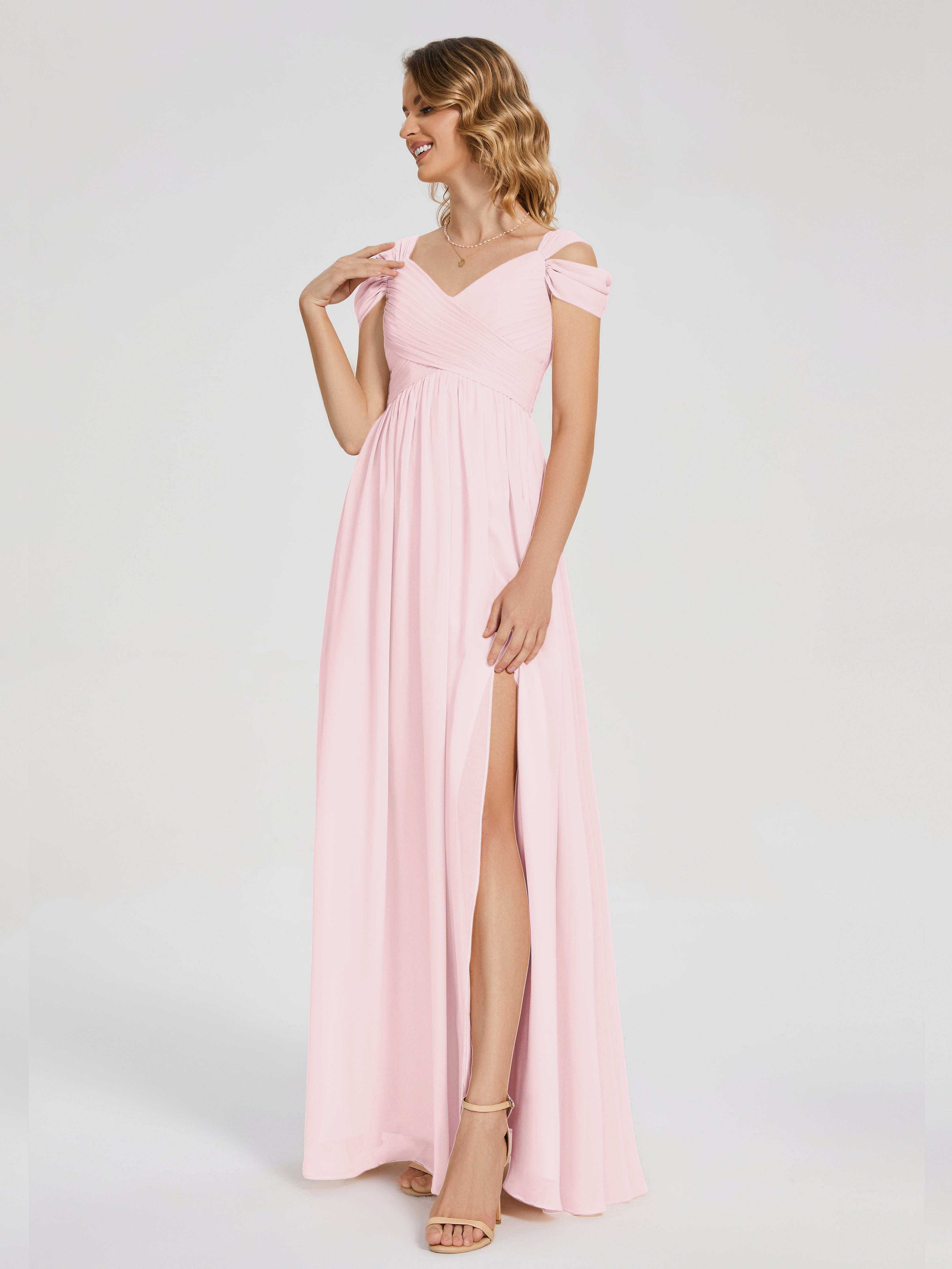 Robe Rose Pale Demoiselle D Honneur Fendue Col V Dos En V Mousseline Robes Demoiselle D'Honneur