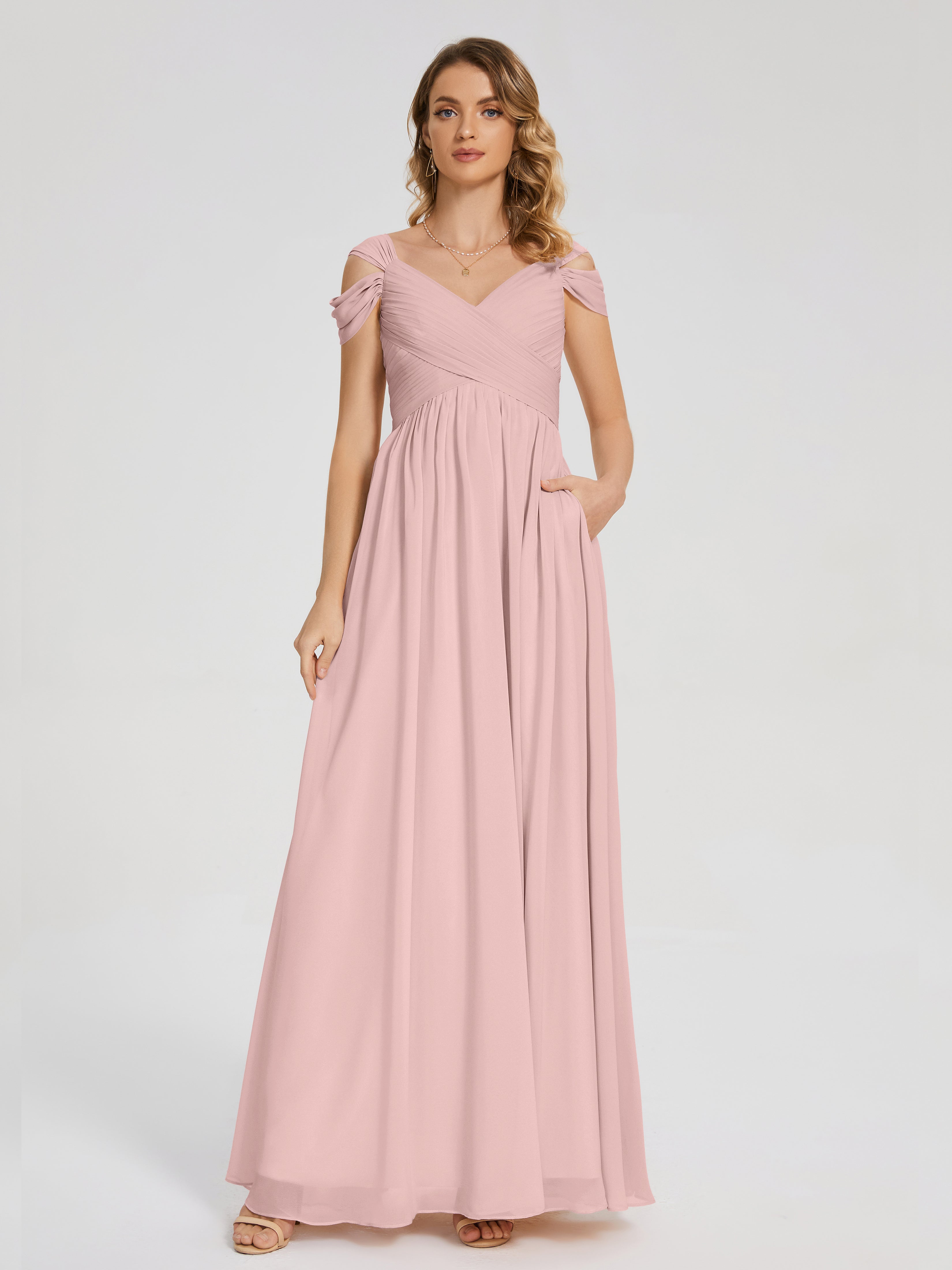 Robes De Demoiselle D'Honneur Couleur Rose Poudrée Fendue Col V Dos En V Mousseline Robes Demoiselle D'Honneur