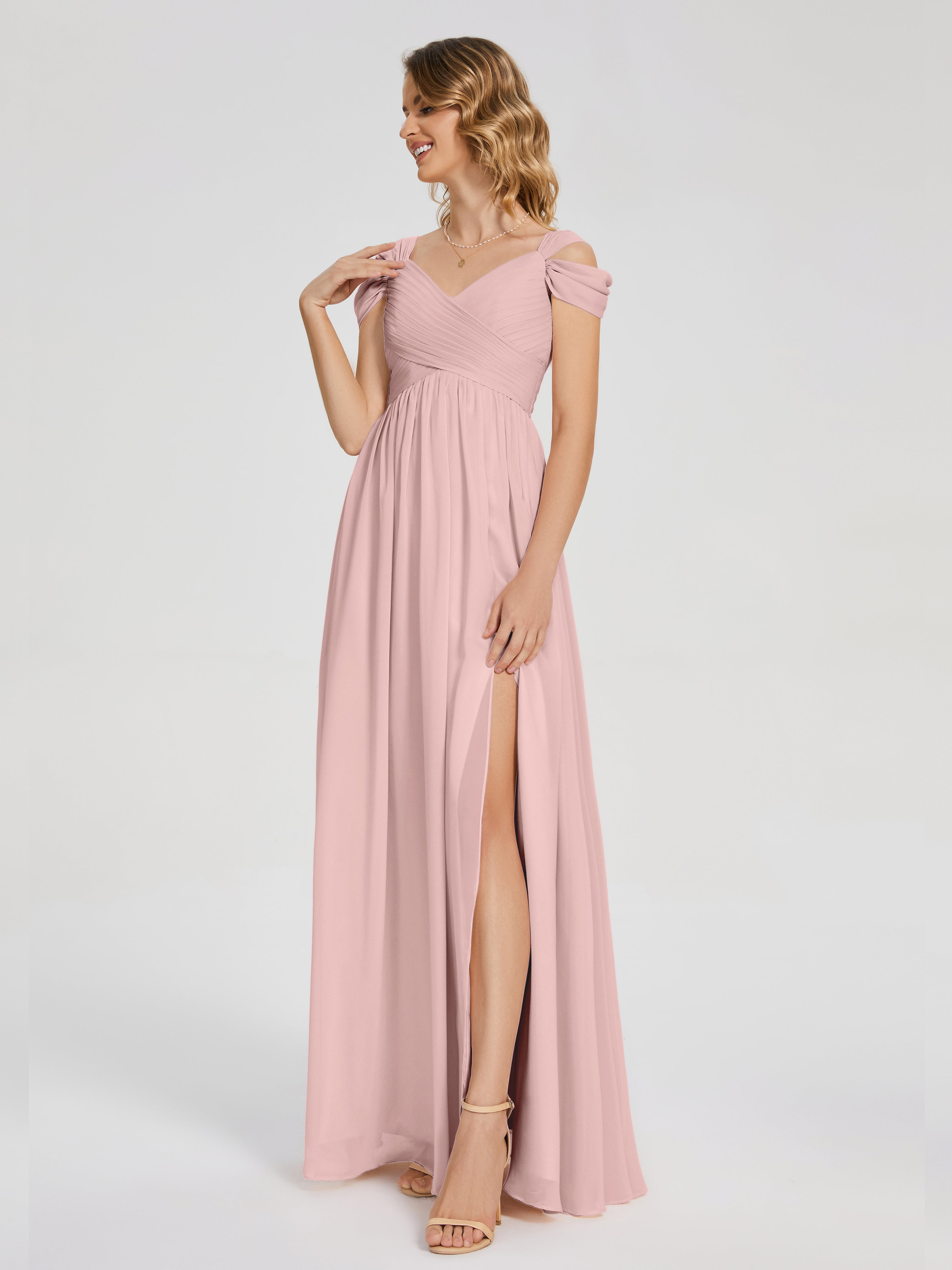 Robes De Demoiselle D'Honneur Couleur Rose Poudrée Fendue Col V Dos En V Mousseline Robes Demoiselle D'Honneur