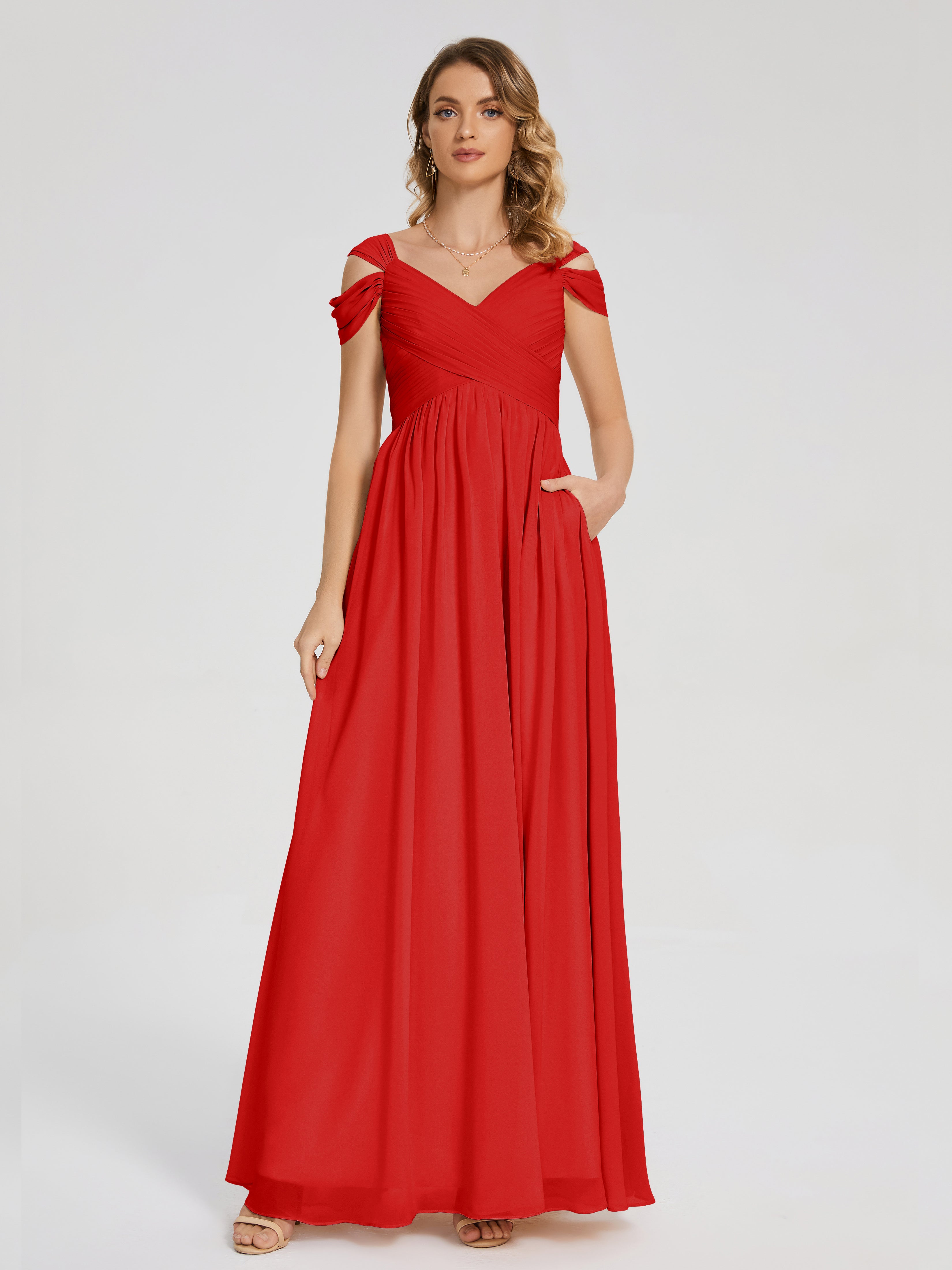 Robe De Demoiselle D Honneur Rouge Fendue Col V Dos En V Mousseline Robes Demoiselle D'Honneur