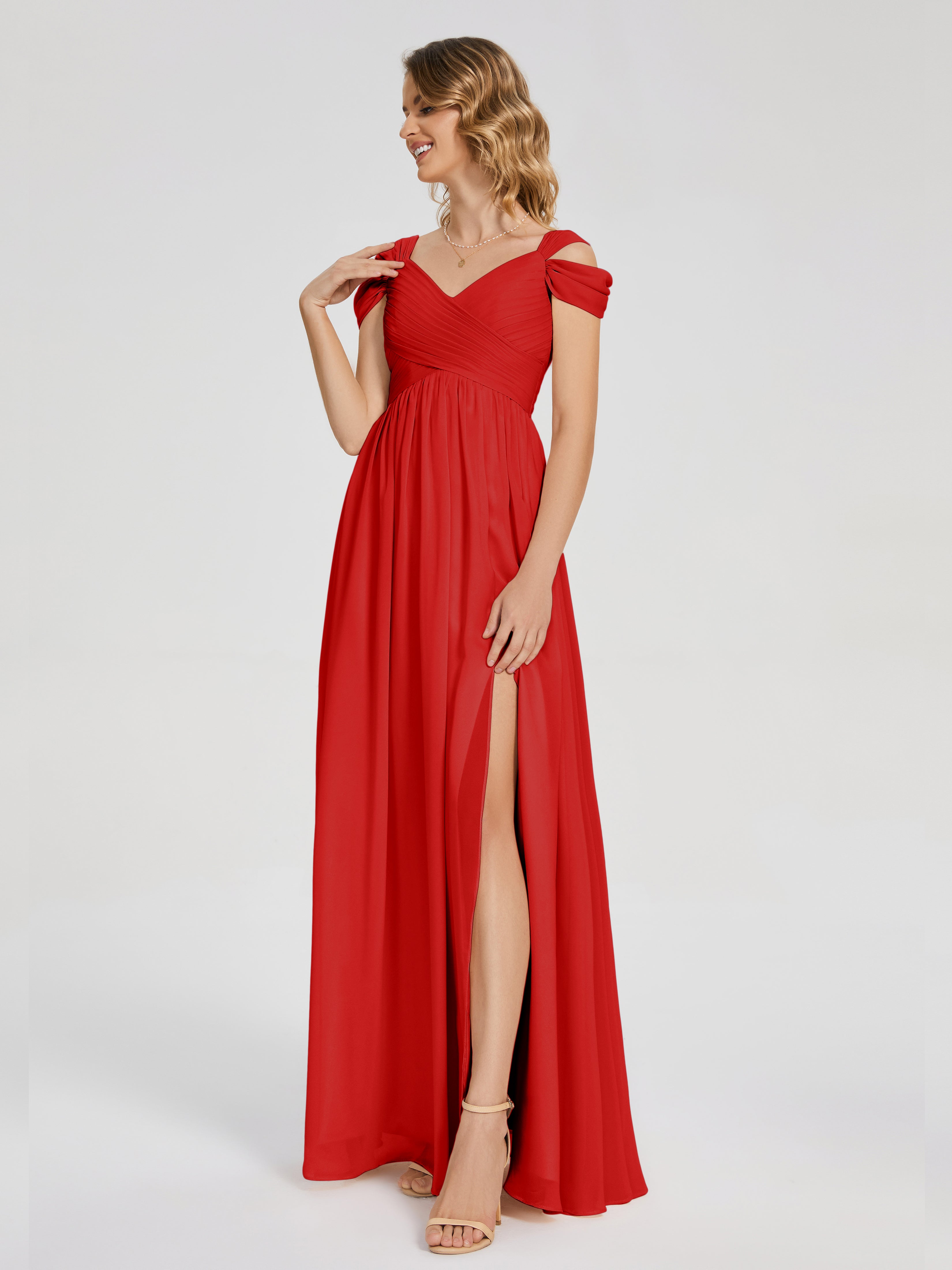 Robe De Demoiselle D Honneur Rouge Fendue Col V Dos En V Mousseline Robes Demoiselle D'Honneur
