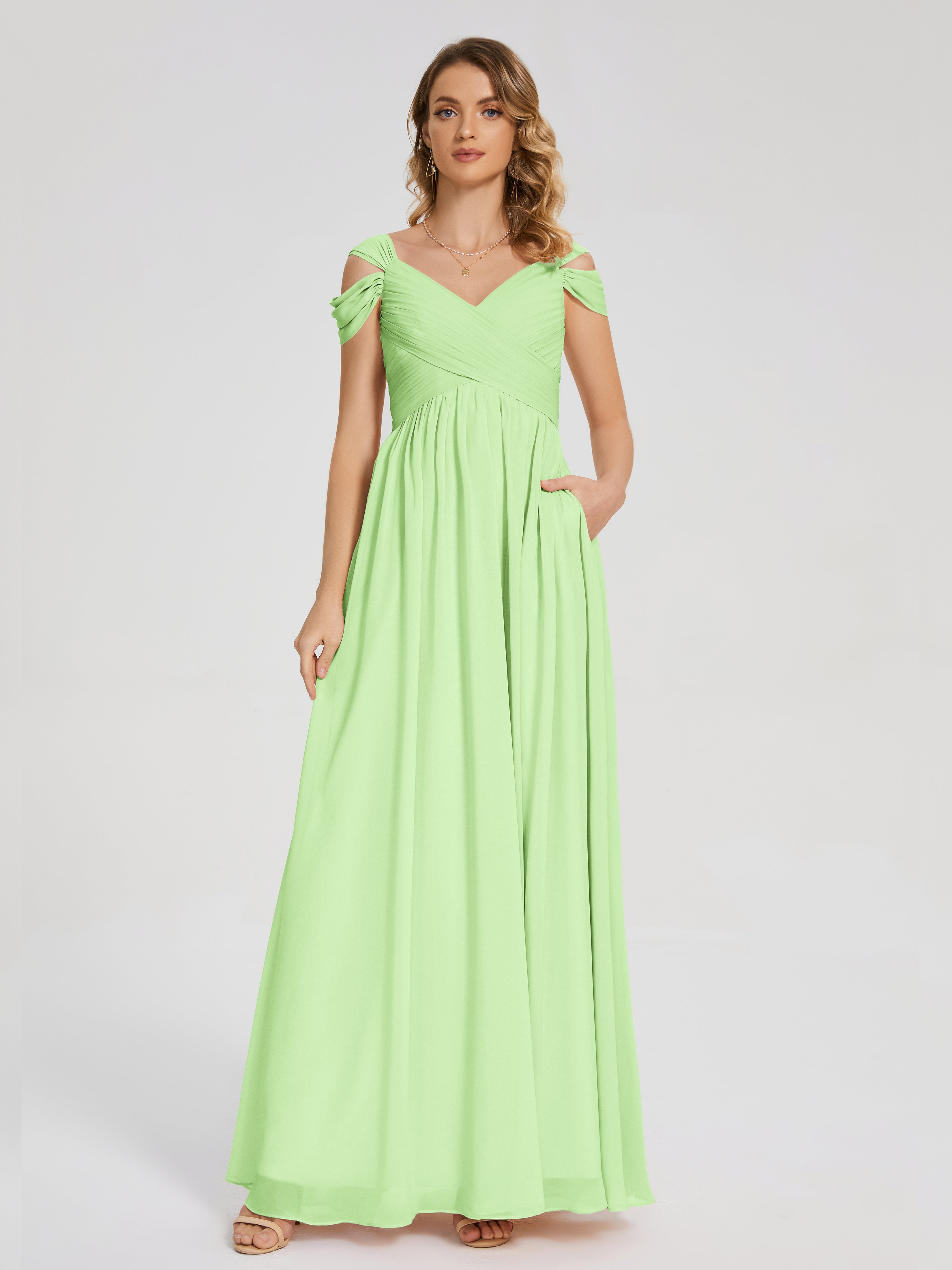 Robe Demoiselle D Honneur Vert Sauge Fendue Col V Dos En V Mousseline Robes Demoiselle D'Honneur