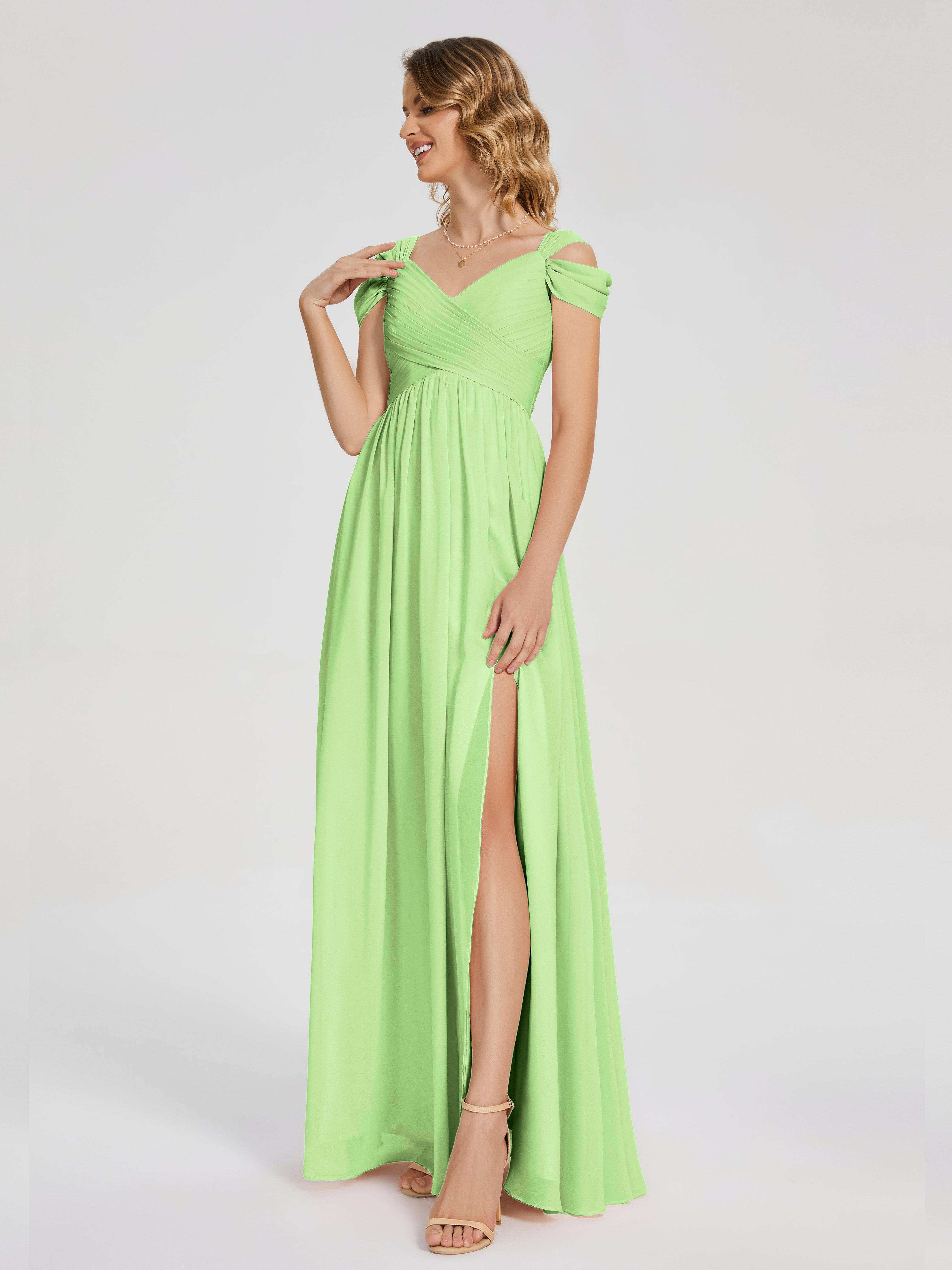 Robe Demoiselle D Honneur Vert Sauge Fendue Col V Dos En V Mousseline Robes Demoiselle D'Honneur