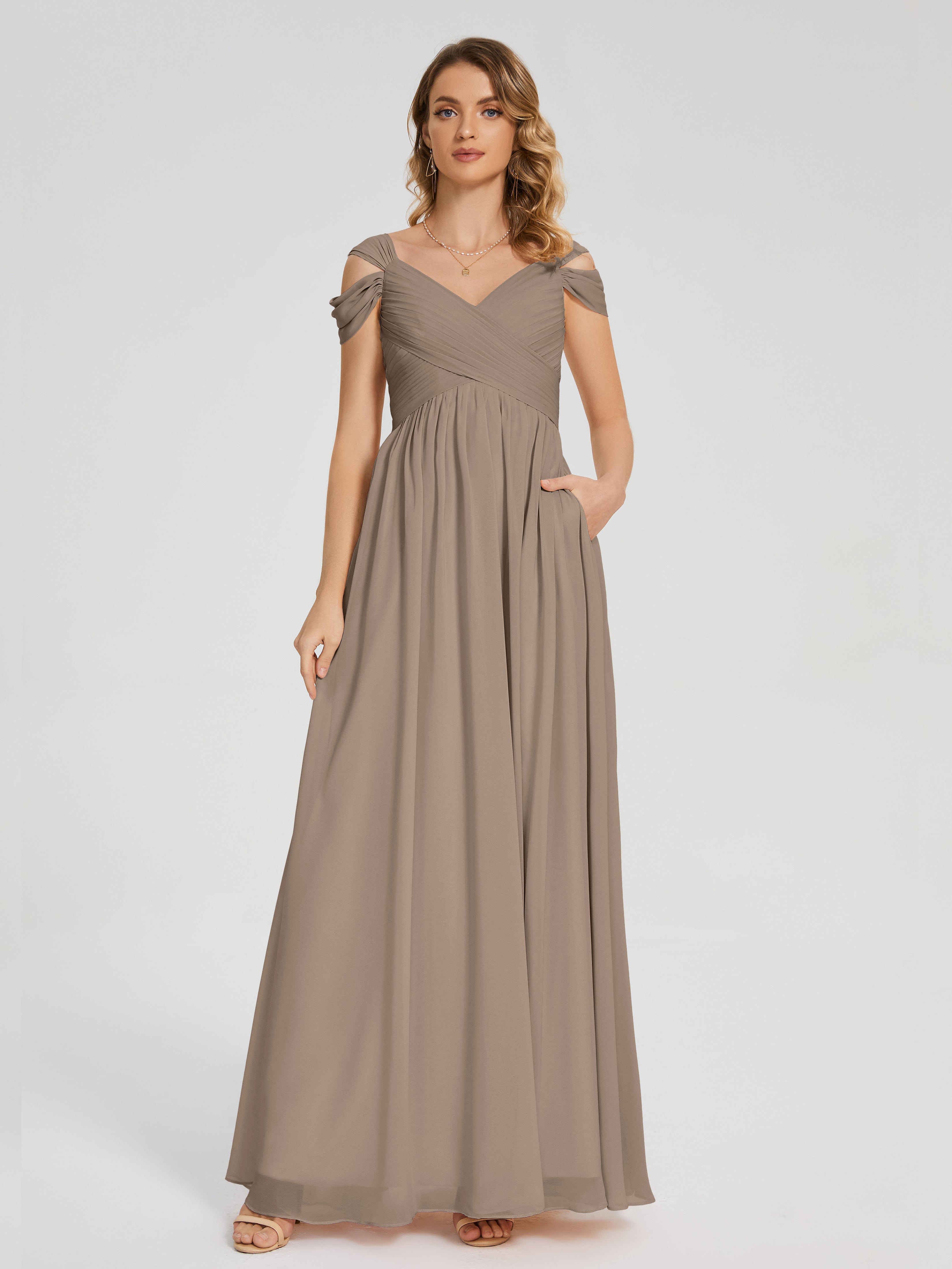 Robe De Couleur Taupe Fendue Col V Dos En V Mousseline Robes Demoiselle D'Honneur