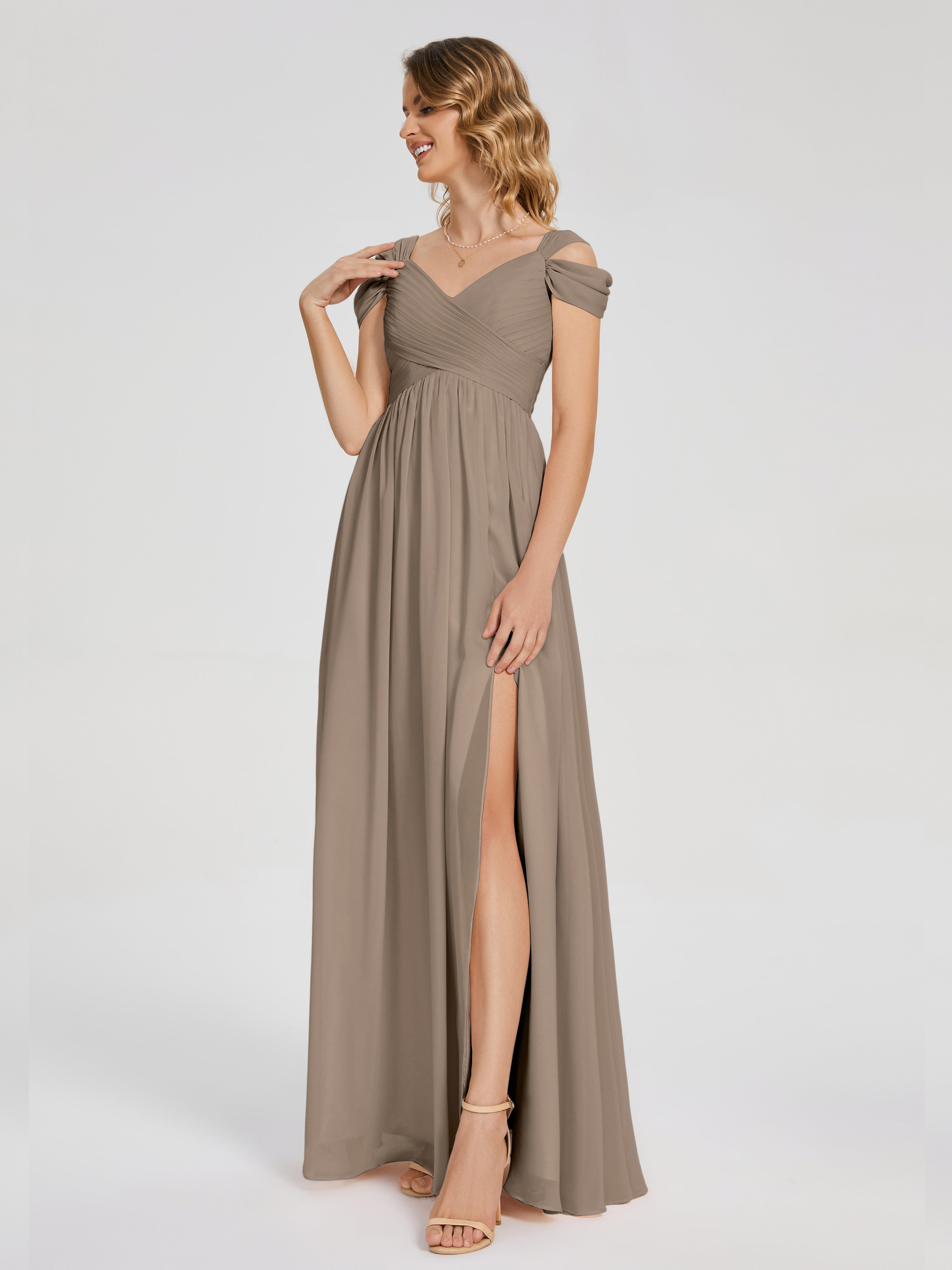 Robe De Couleur Taupe Fendue Col V Dos En V Mousseline Robes Demoiselle D'Honneur